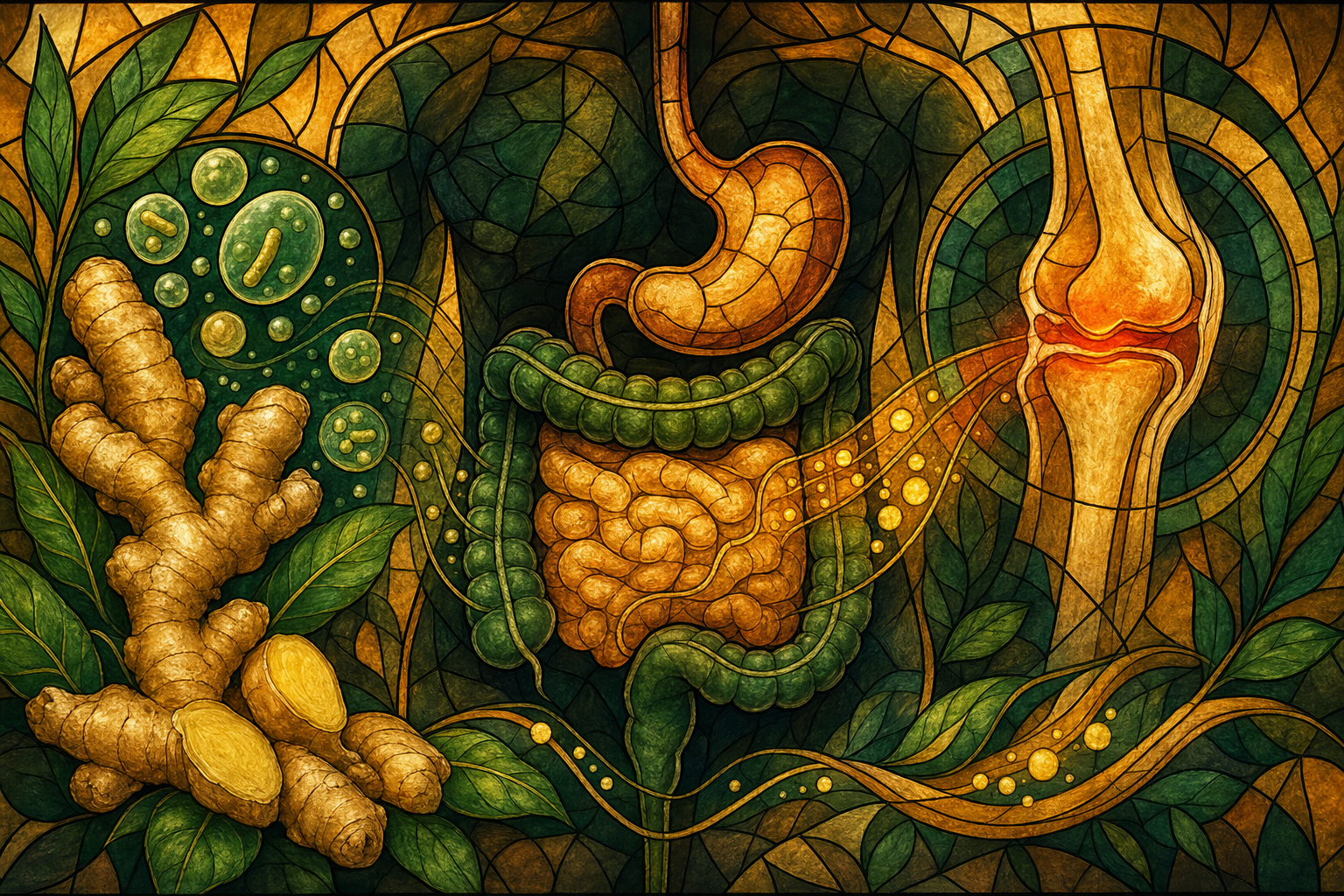 gut health and joint inflammation connection illustrated in stained glass art style.