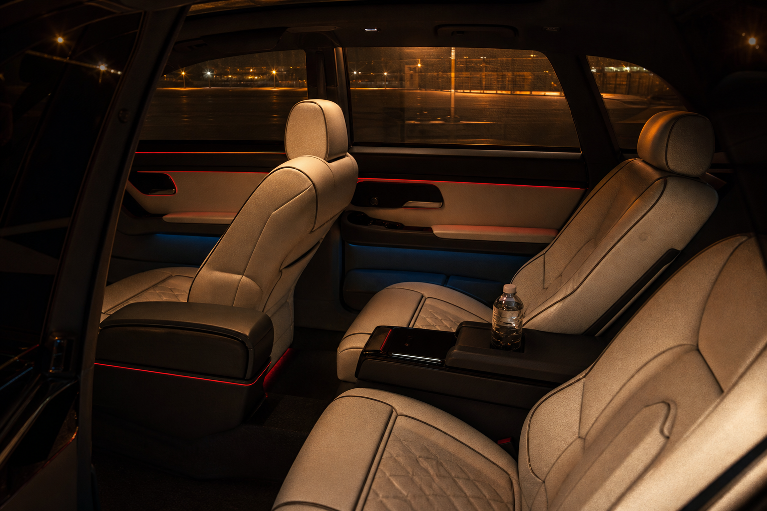 Luxury black car interior for MSP airport transportation.