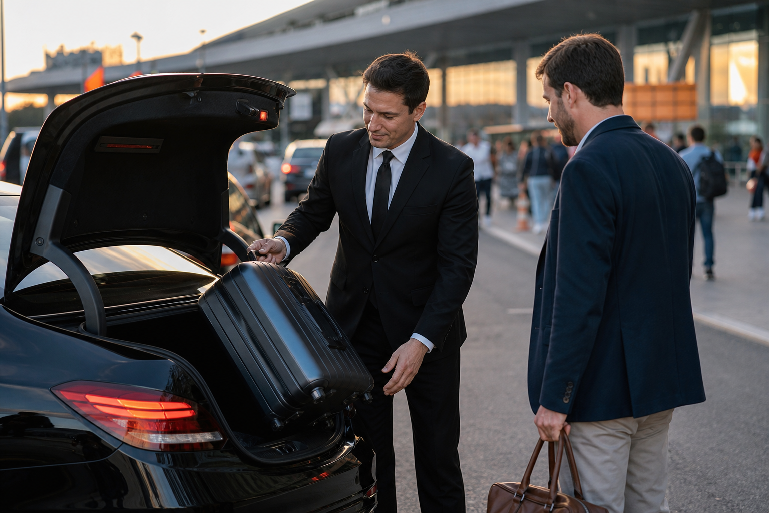 Chauffeur helping traveler with luggage during a professional limo transfer