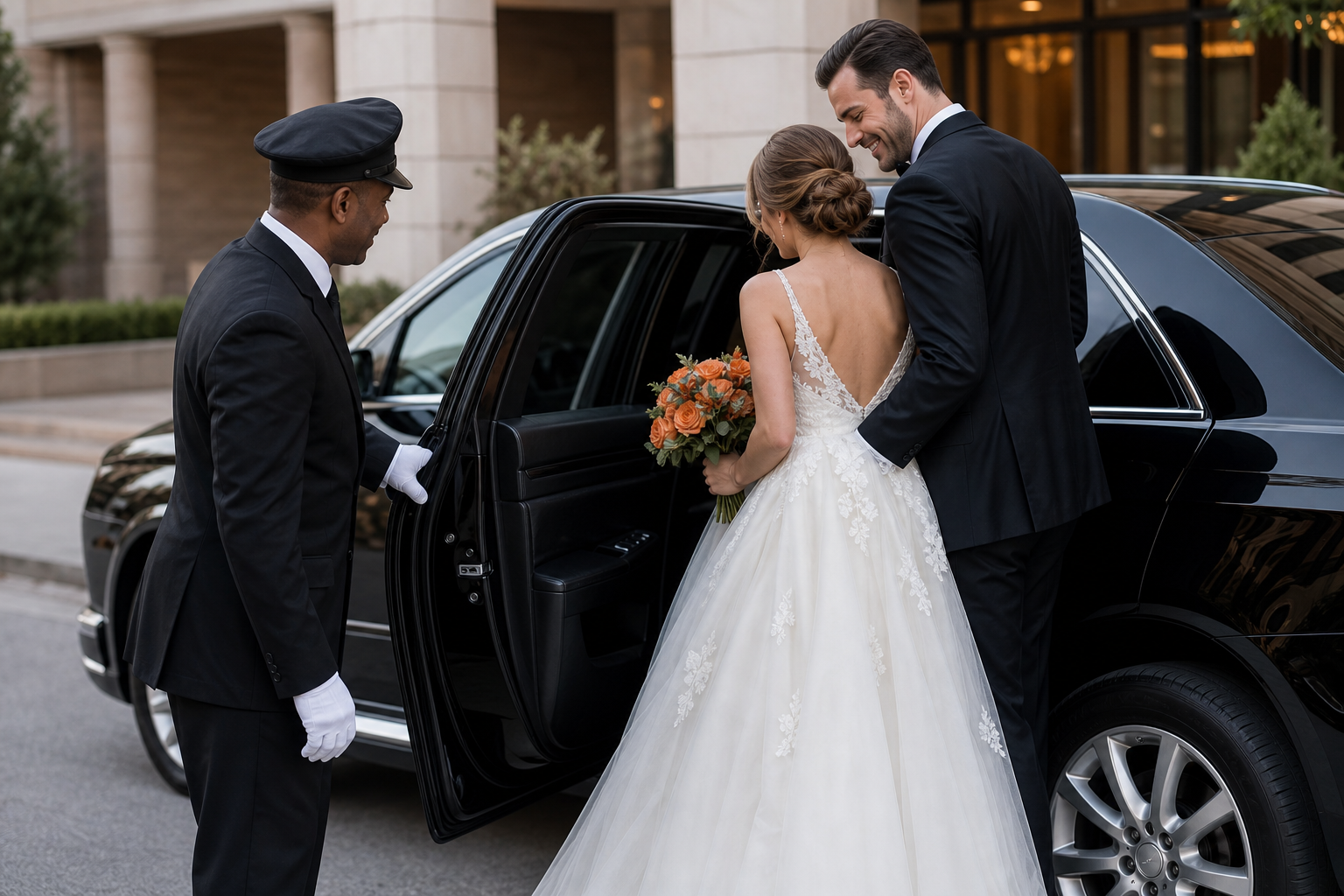 Wedding limo chauffeur assisting newlyweds outside a venue