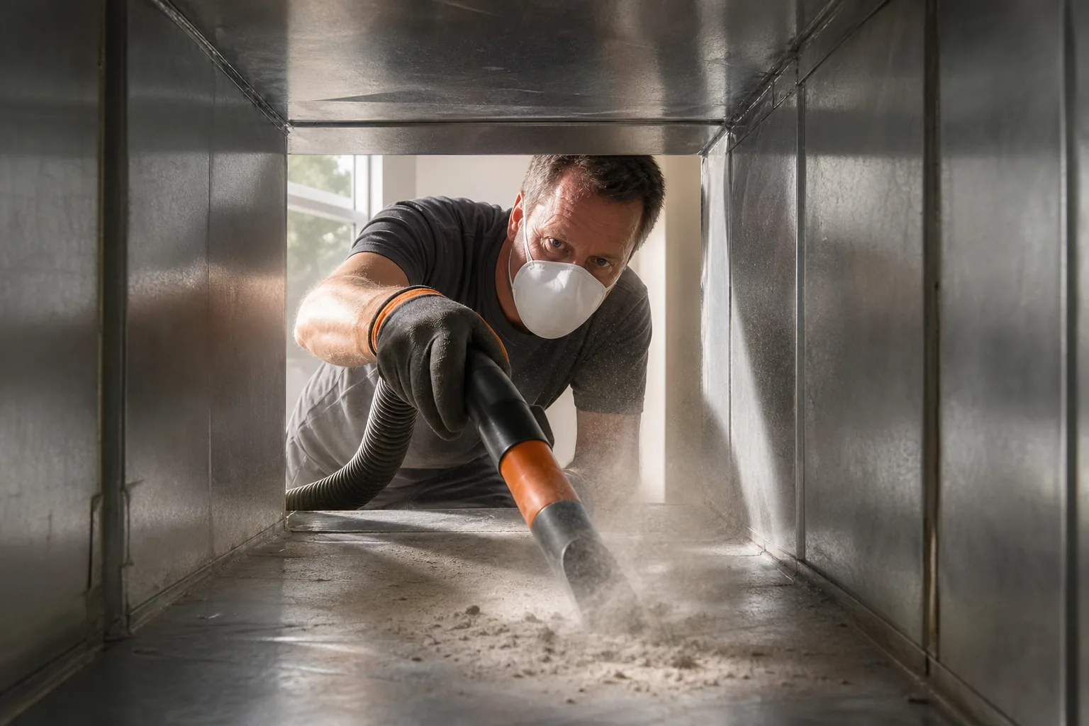 Cleaning air ducts before sealing.