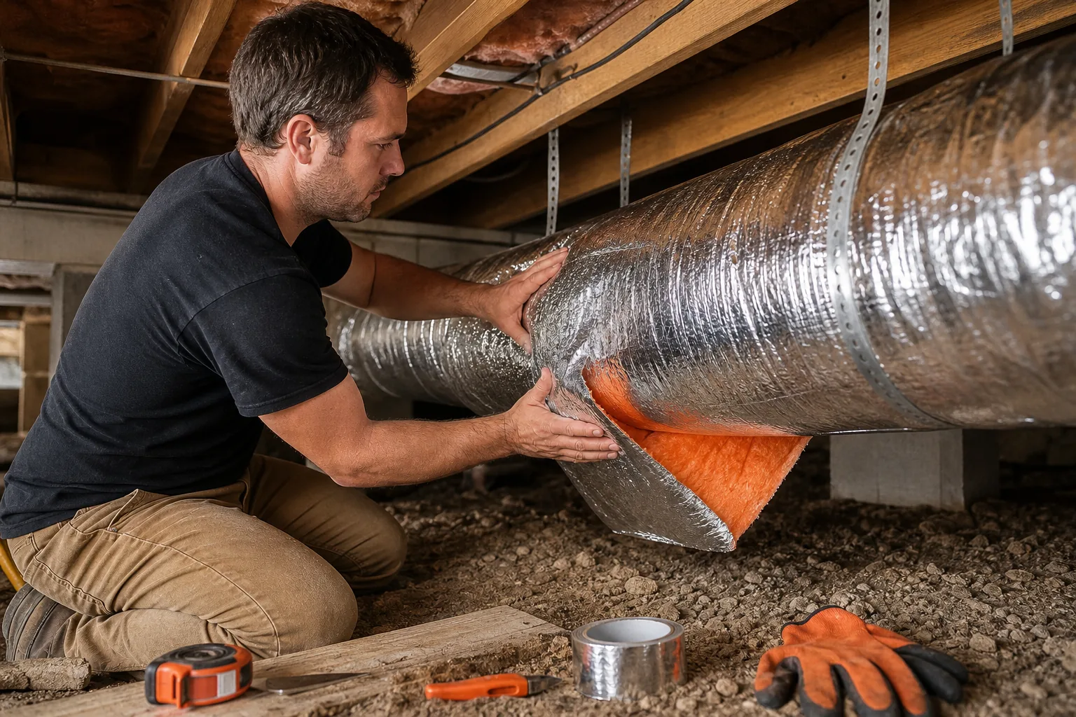 Insulating and sealing exposed duct runs.