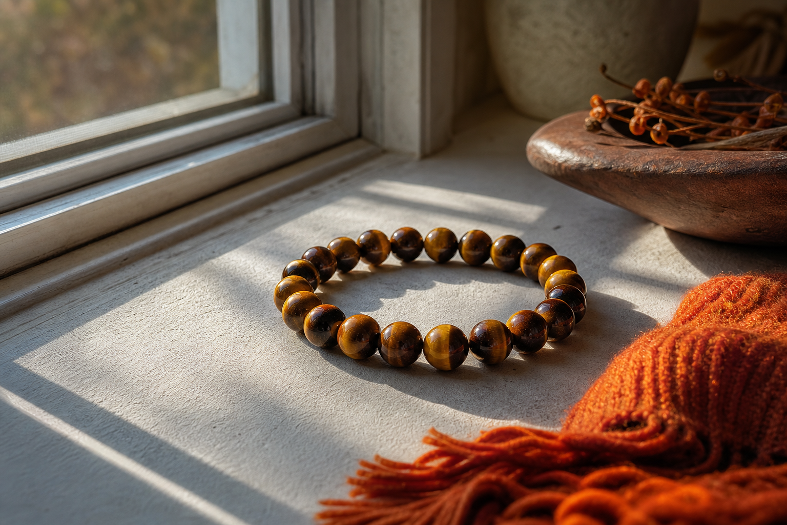 An atmospheric shot of a tiger eye bracelet resting on a sunlit windowsill, soft shadows, realistic style