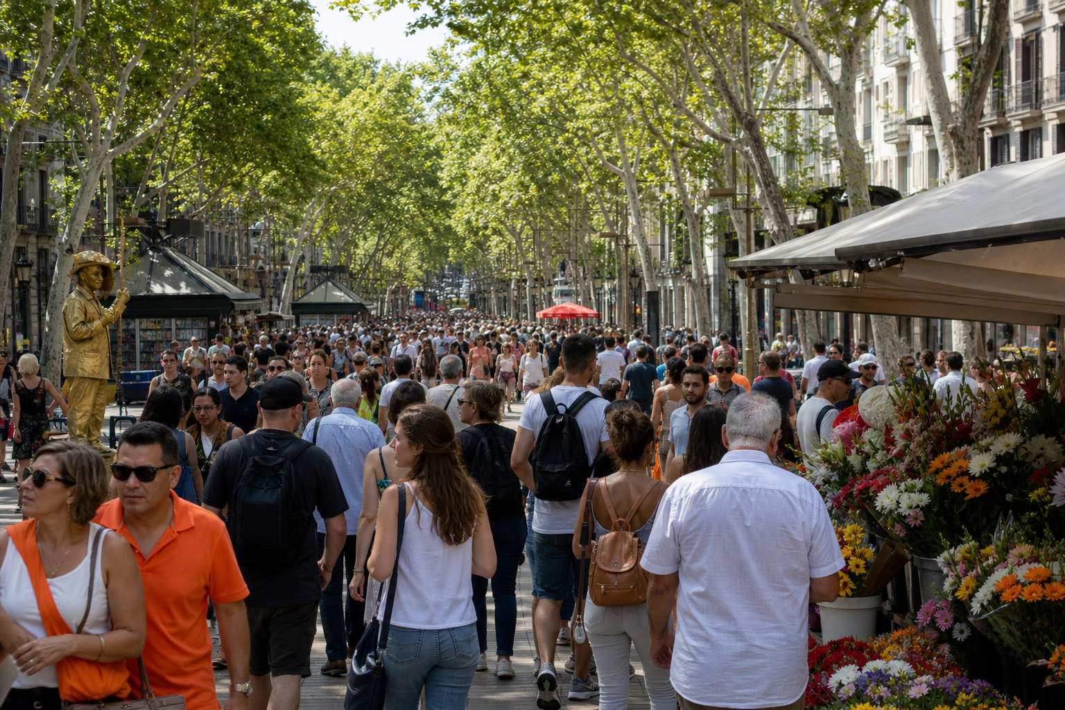 crowded La Rambla Barcelona pickpocket risk zone.