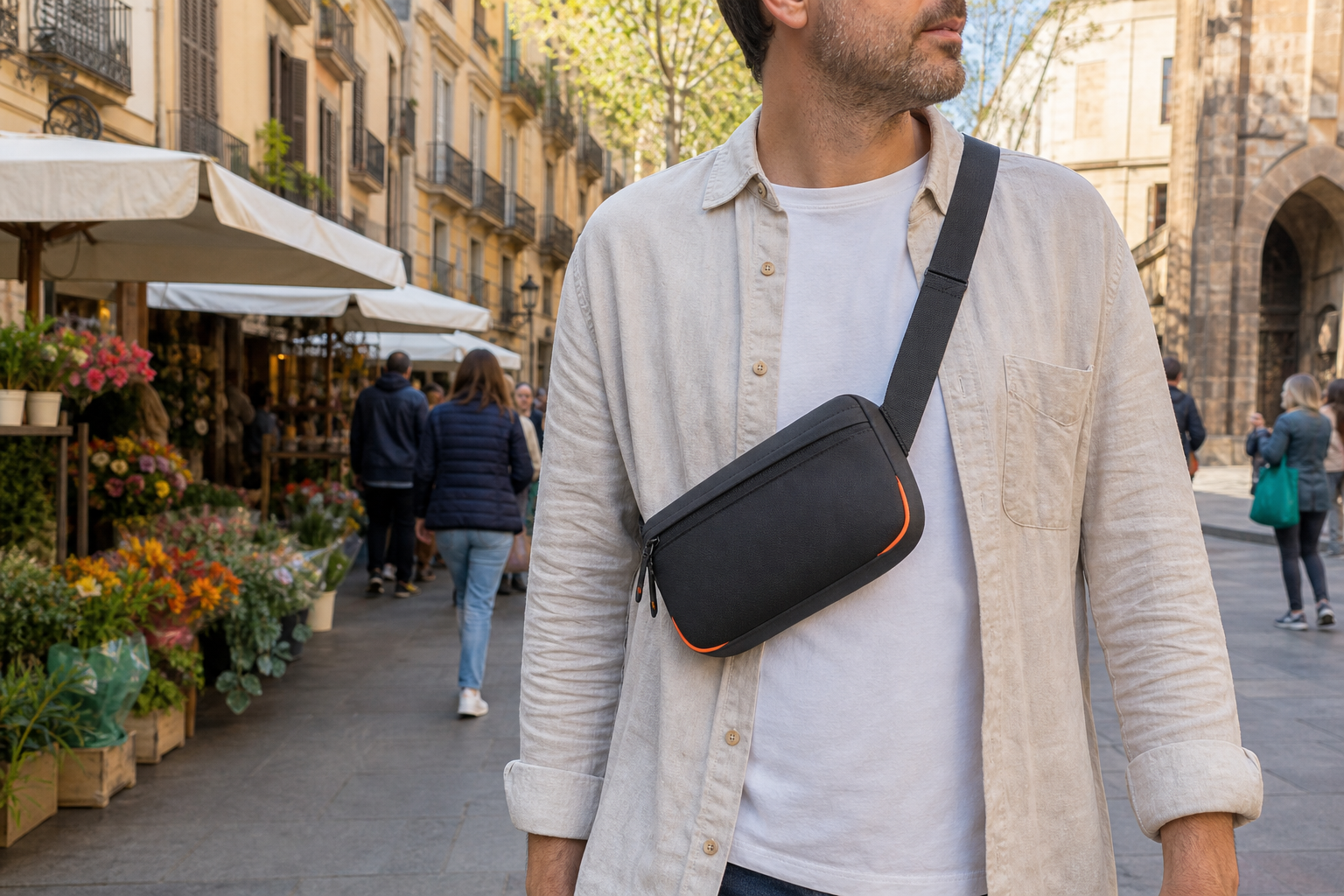 traveler wearing anti-theft crossbody bag in front body position Barcelona.