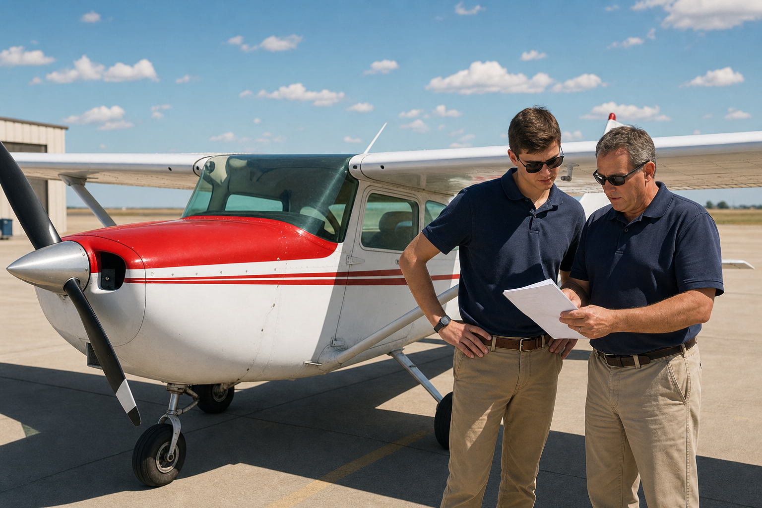 student pilot reviewing flight training costs with instructor before a lesson.