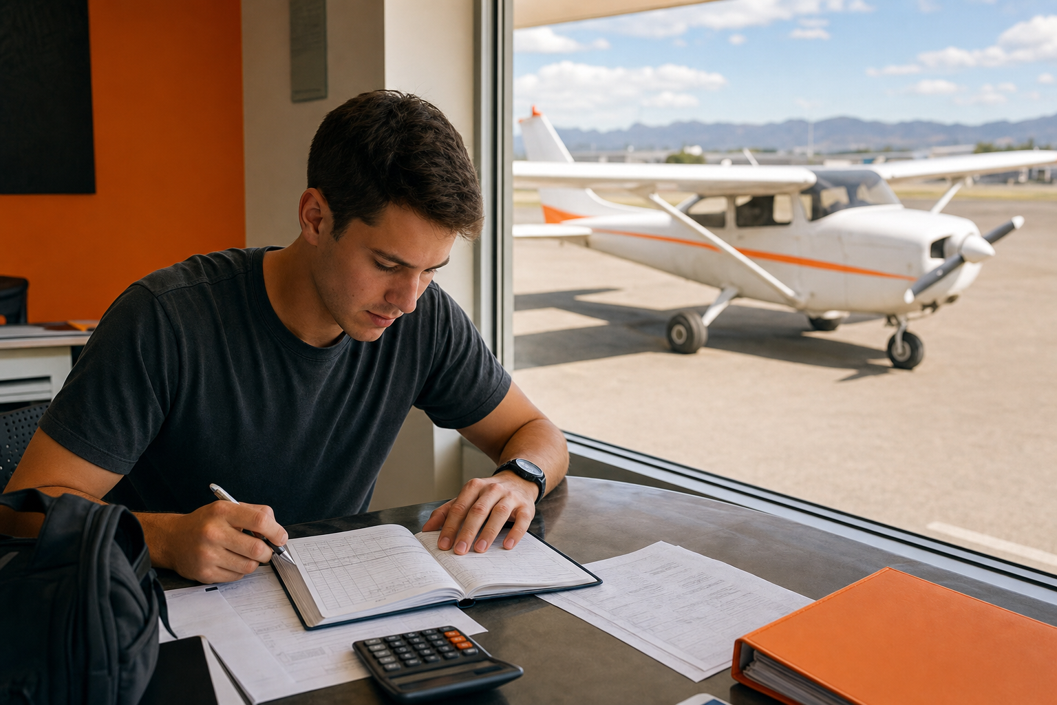 Student pilot reviewing flight training costs and logbook at a flight school.