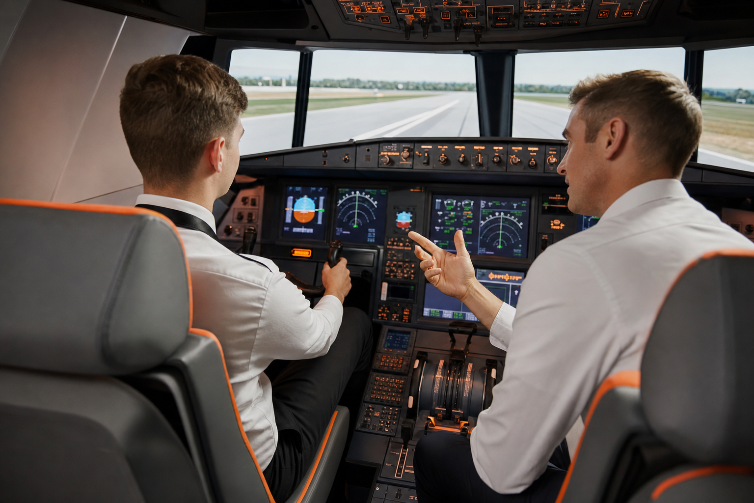 high-fidelity flight simulator training with a flight instructor and student pilot