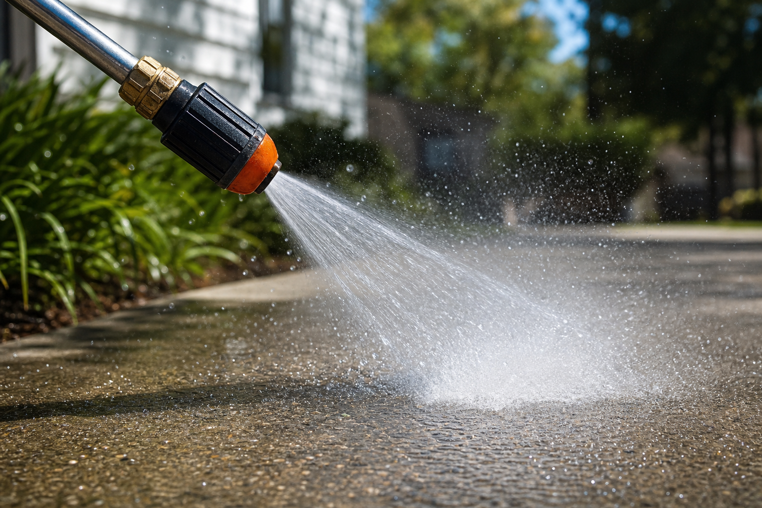 Close‑up of a pressure washer nozzle spraying high‑pressure water onto a concrete driveway, with water droplets highligh