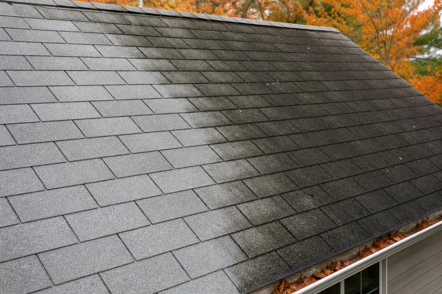 Close-up of roof algae growing on asphalt shingles before soft washing.