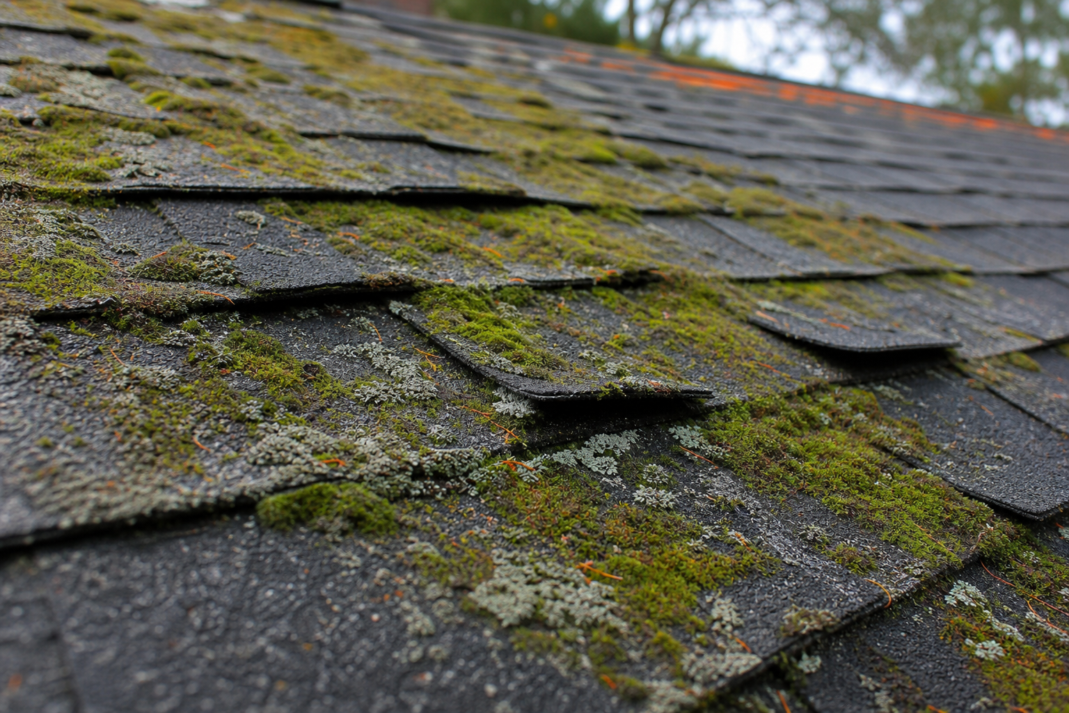 Moss and lichen growing on an asphalt shingle roof.