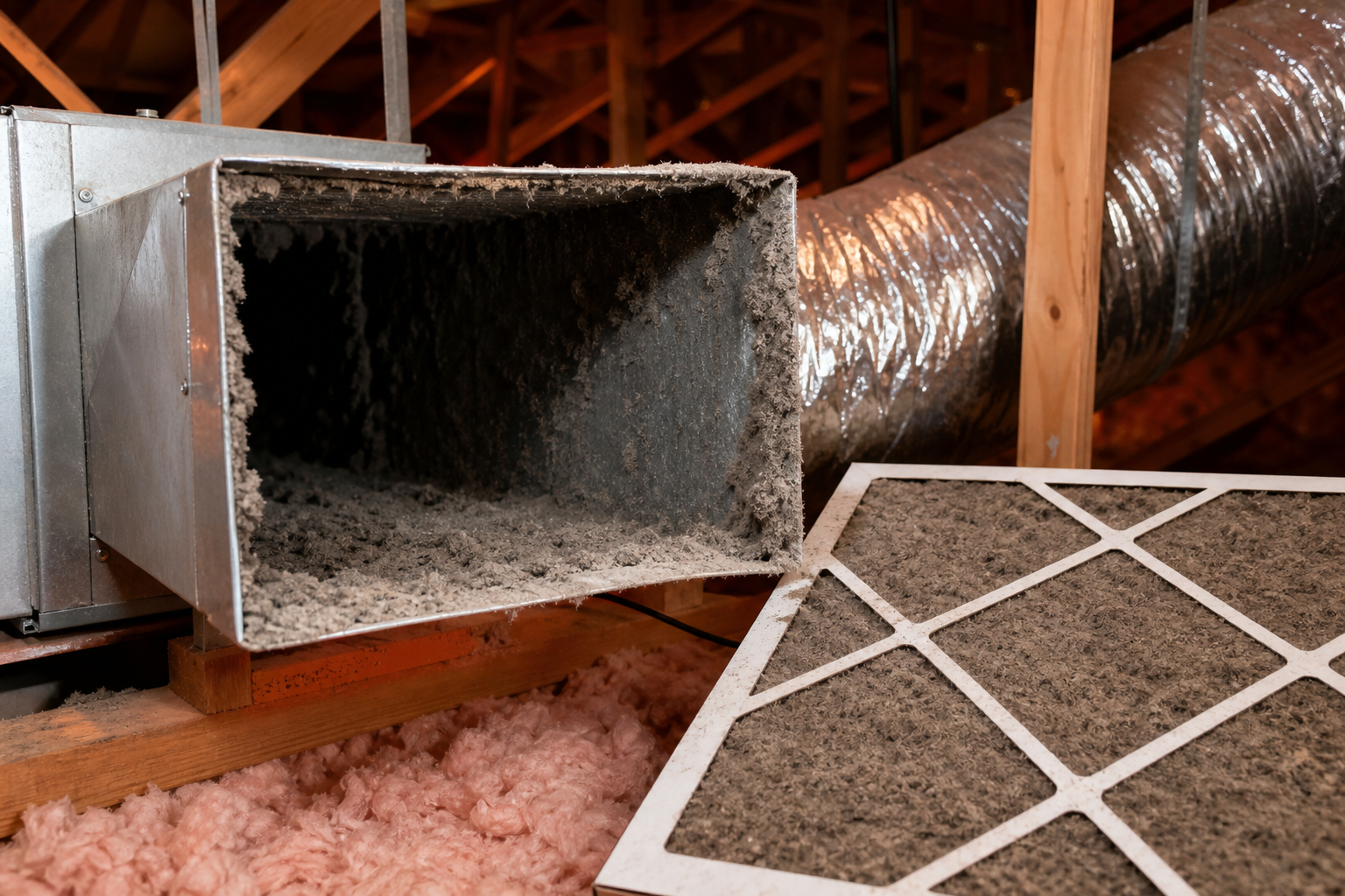 dusty HVAC ductwork and clogged air filter contributing to indoor dust buildup.