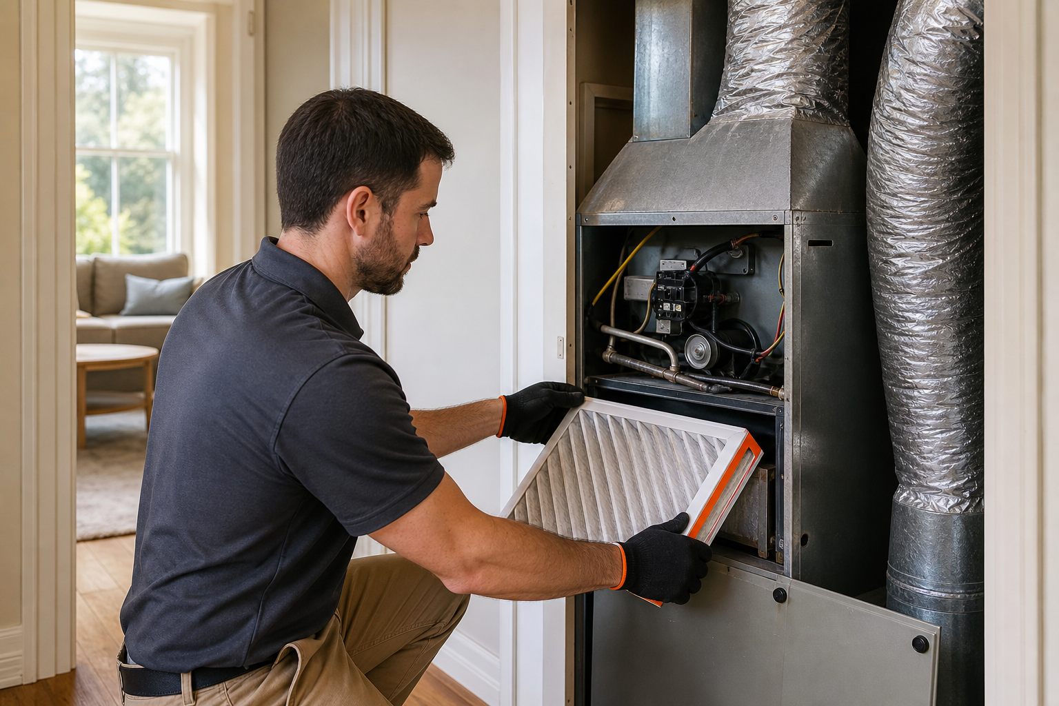 HVAC technician performing air quality maintenance and filter replacement to reduce indoor dust.