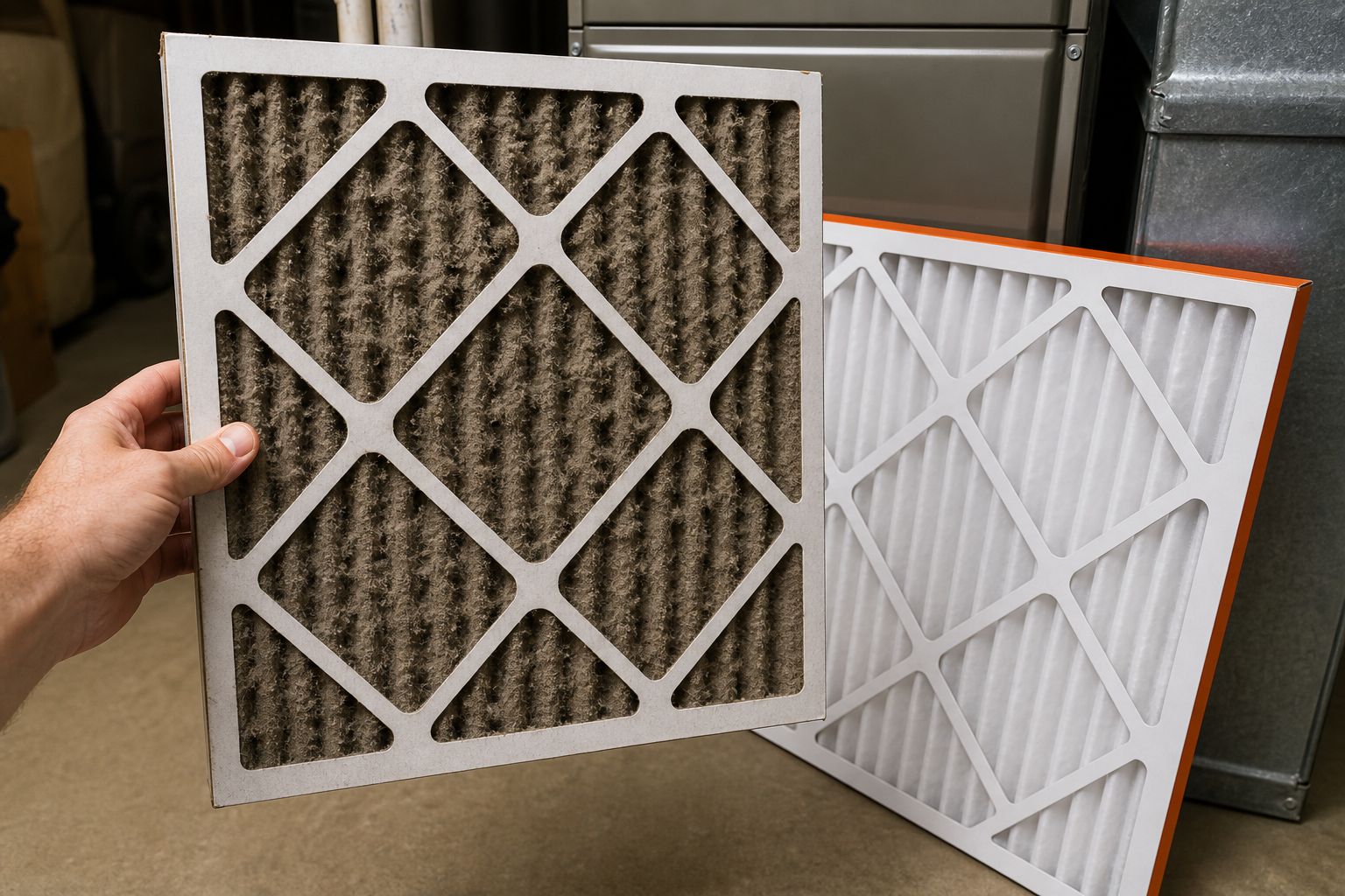 clogged AC air filter compared to clean replacement filter.