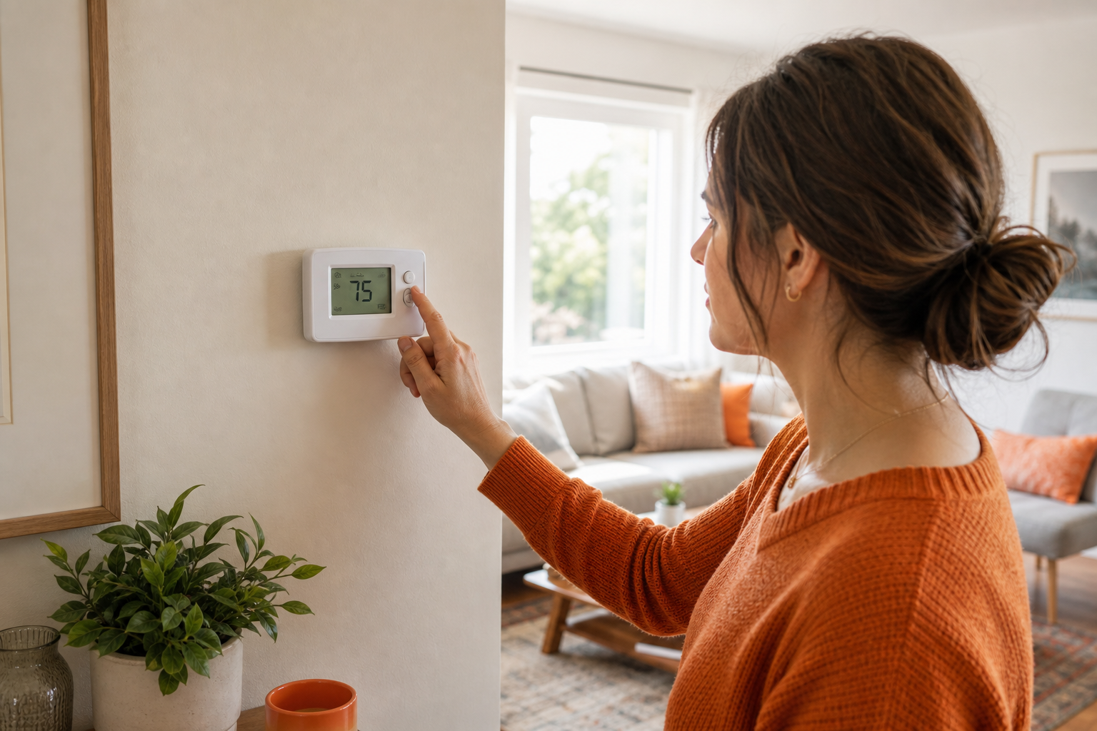 homeowner adjusting home thermostat to troubleshoot AC not cooling.