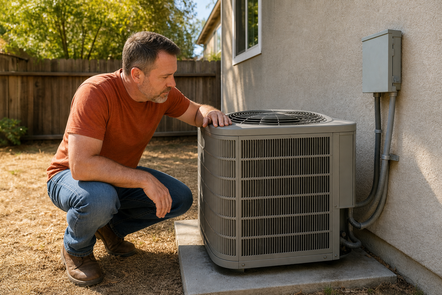 homeowner inspecting outdoor AC condenser unit with power disconnect box visible.