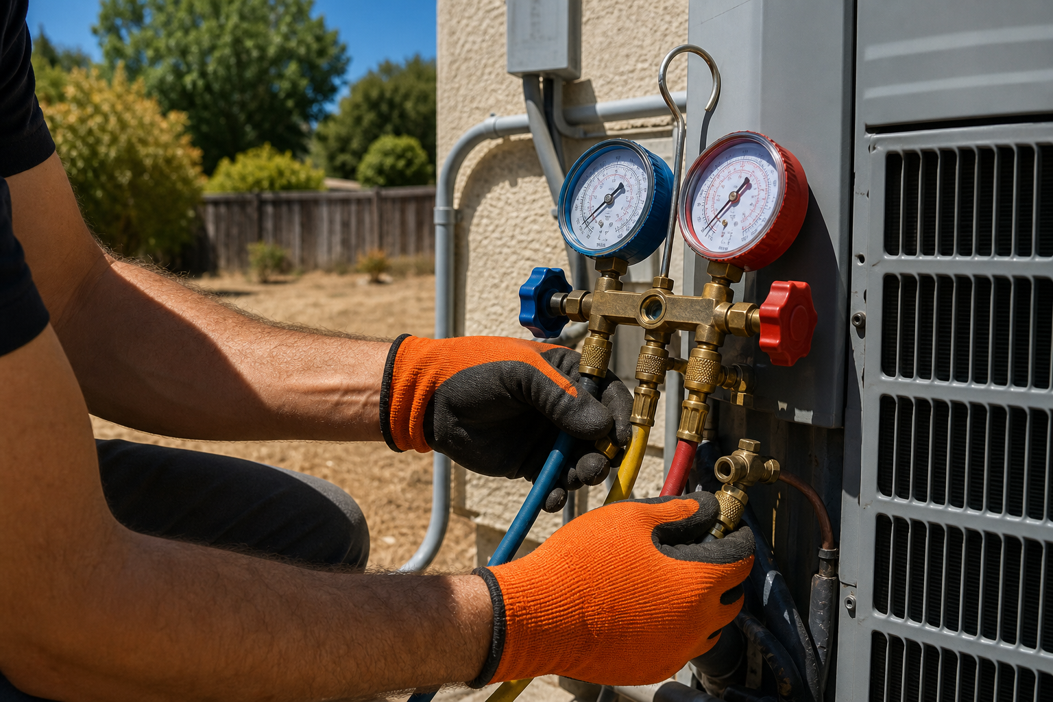 HVAC technician connecting manifold gauge set to AC condenser unit to check refrigerant pressure.