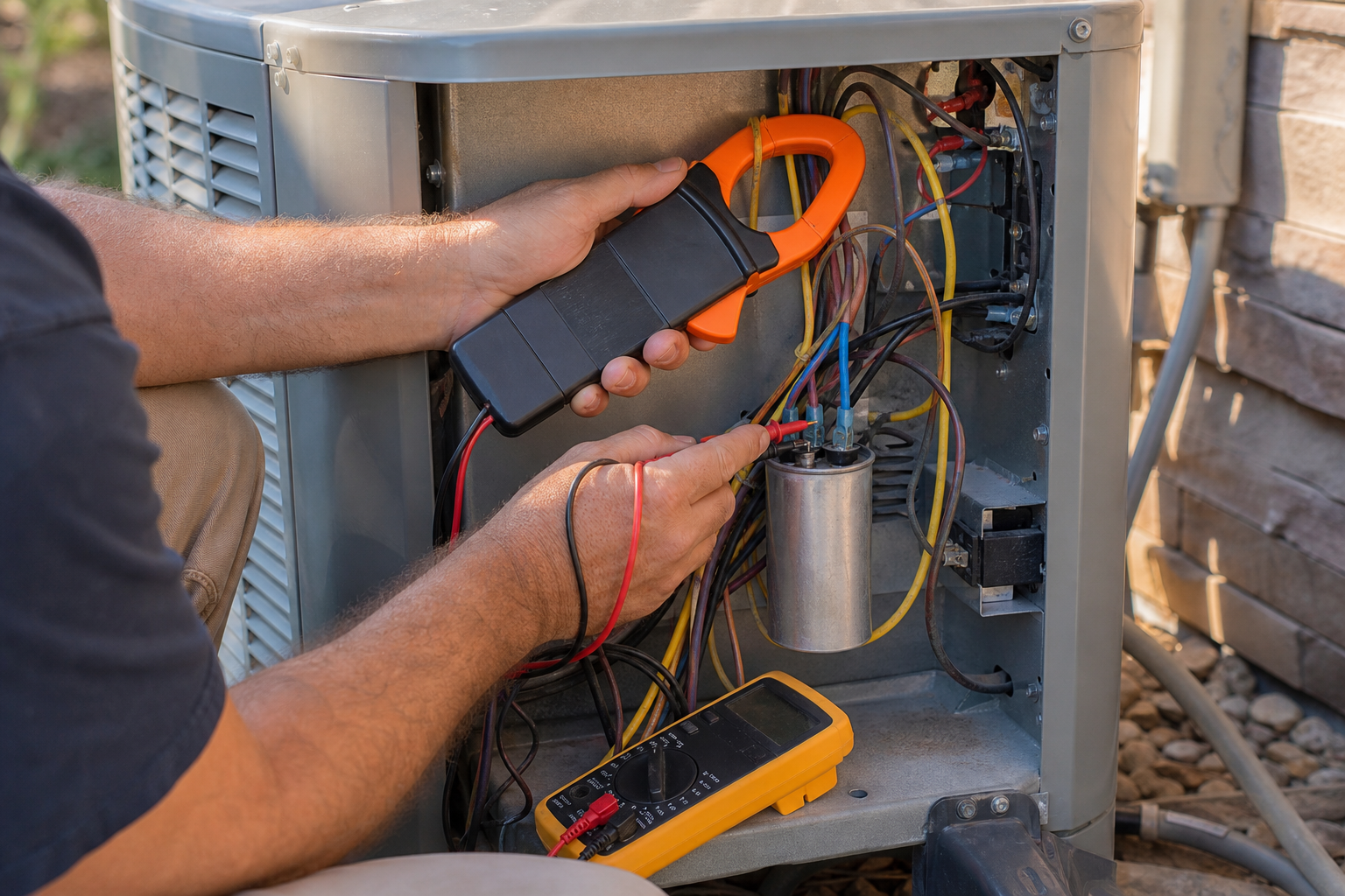 HVAC technician performing under-load capacitor test with current measuring device and multimeter on outdoor AC unit.