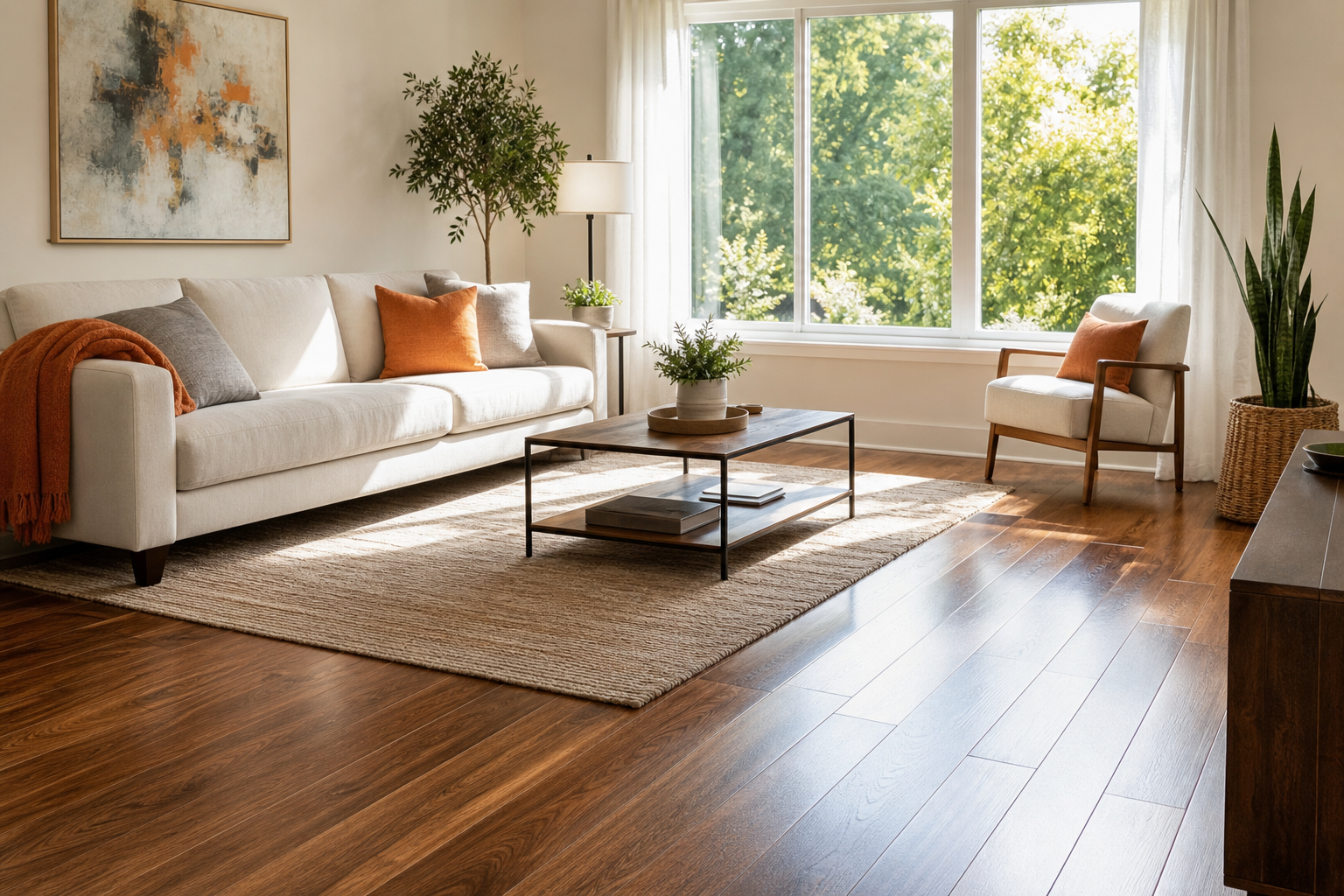 hard flooring in a living room to reduce dust in house.