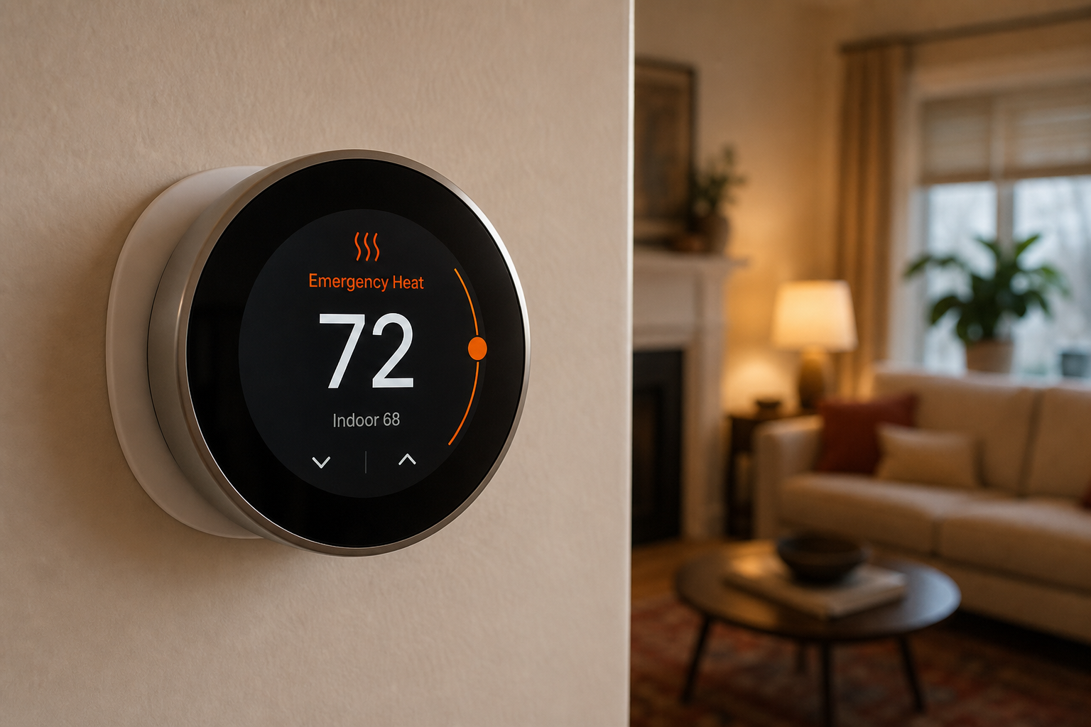 smart thermostat displaying emergency heat setting on wall in home.