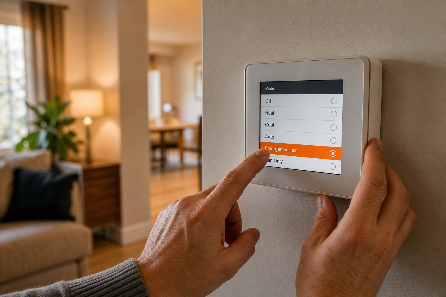 homeowner activating emergency heat setting on thermostat control panel.