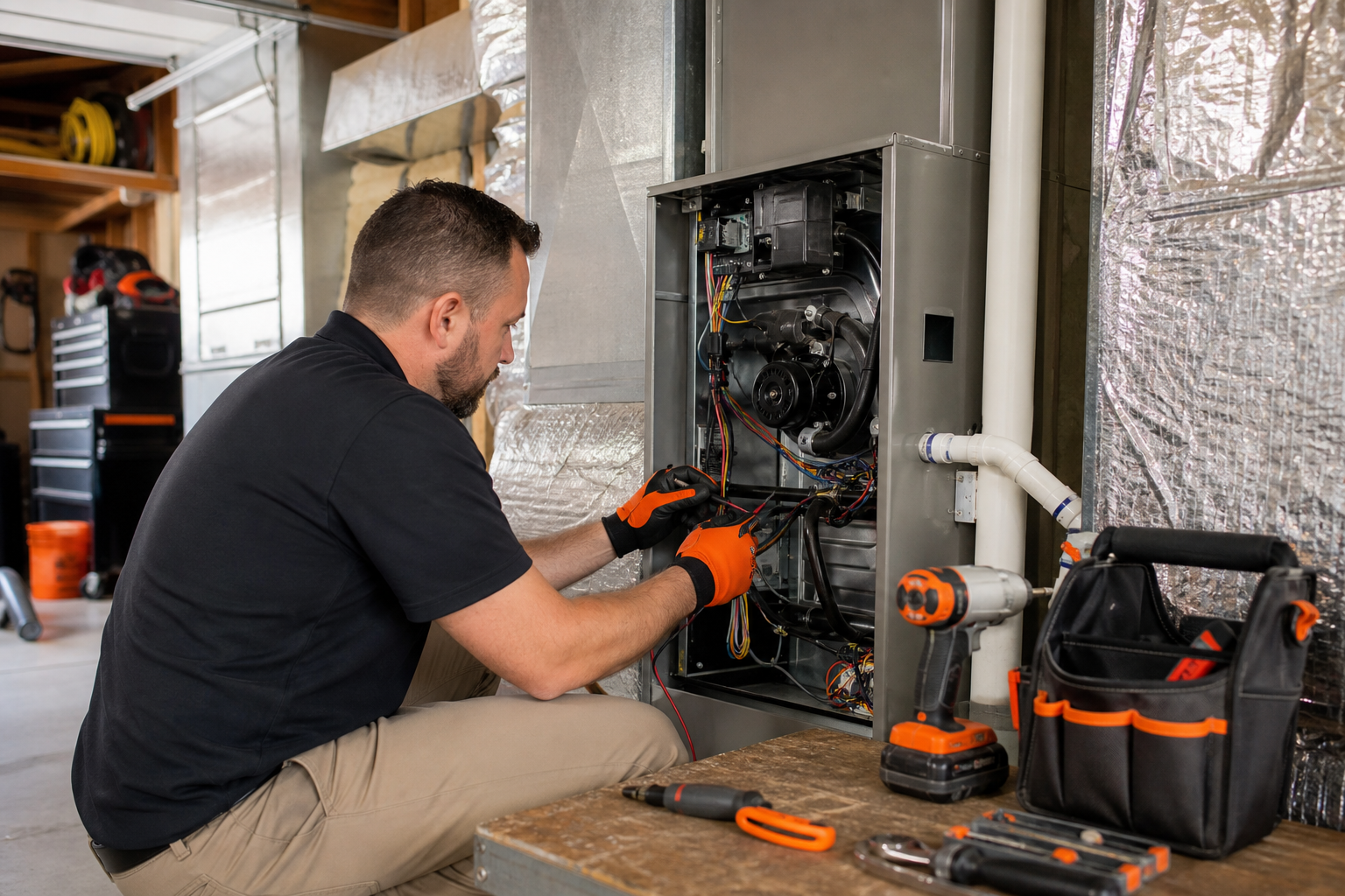 HVAC technician performing maintenance on an indoor air handler, checking components of an HVAC system.