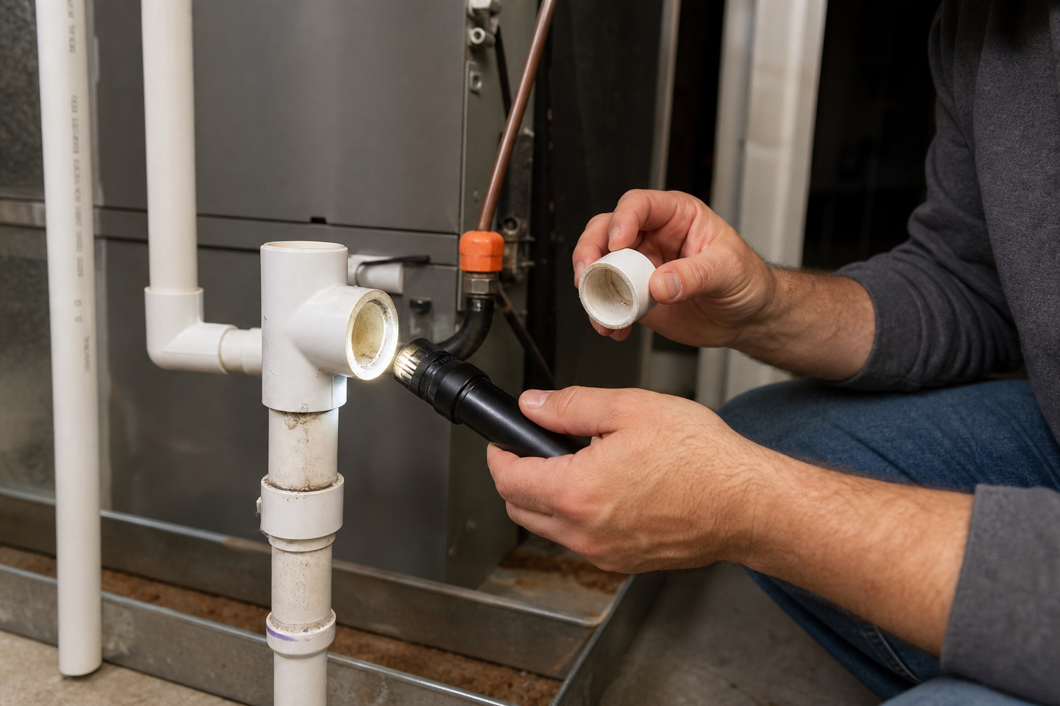 homeowner inspecting AC condensate drain line access port for blockages.