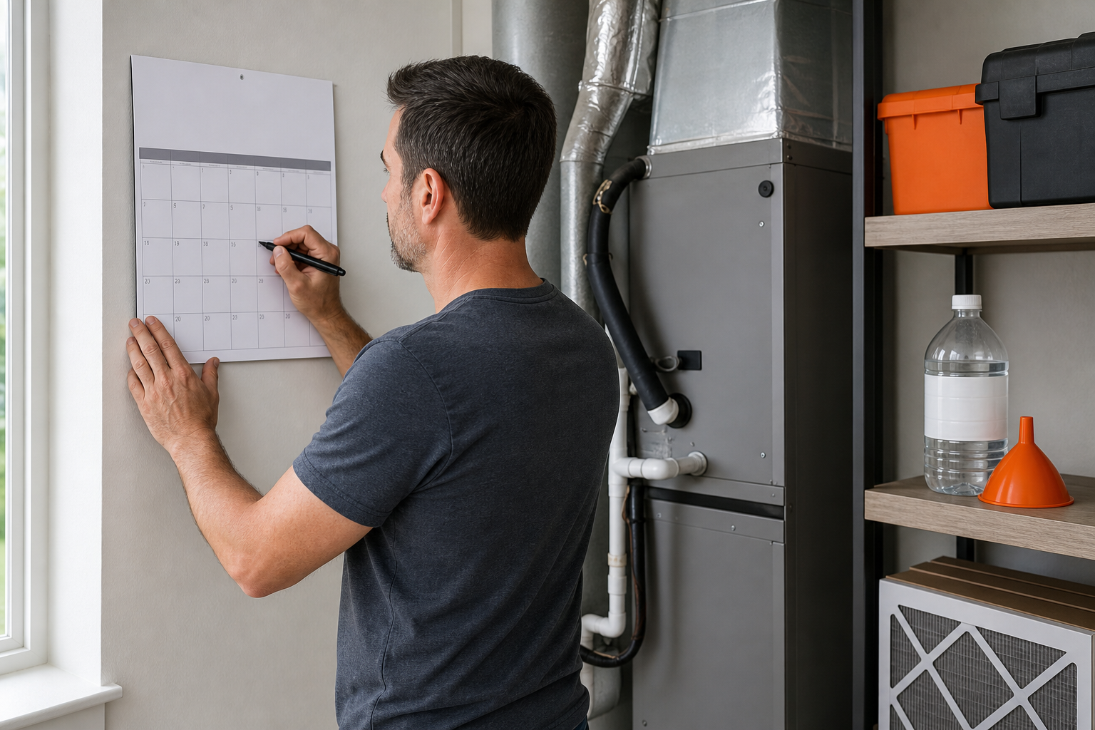 homeowner setting up AC drain line preventative maintenance schedule.