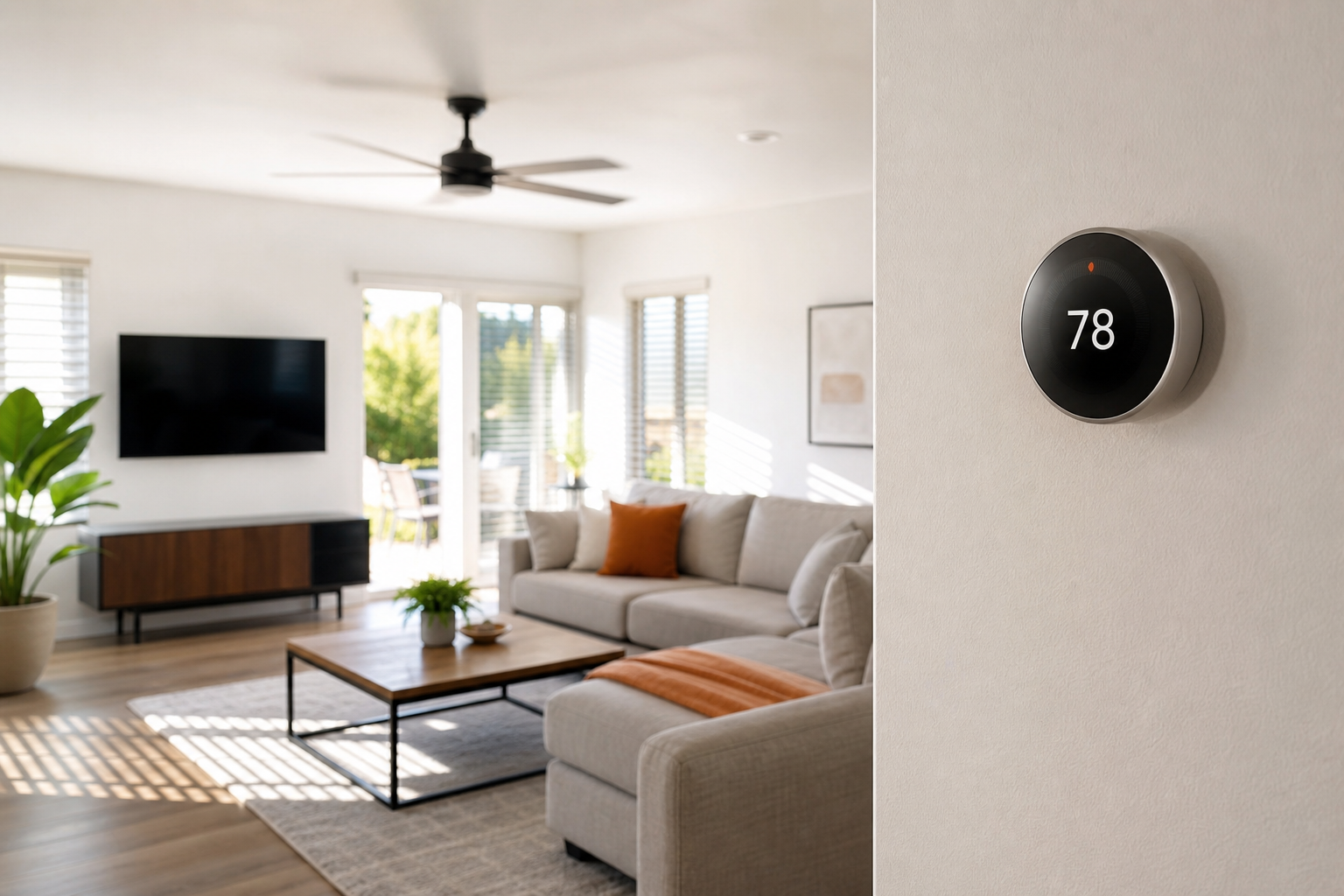 Smart thermostat set to 78 degrees Fahrenheit in a bright summer living room.