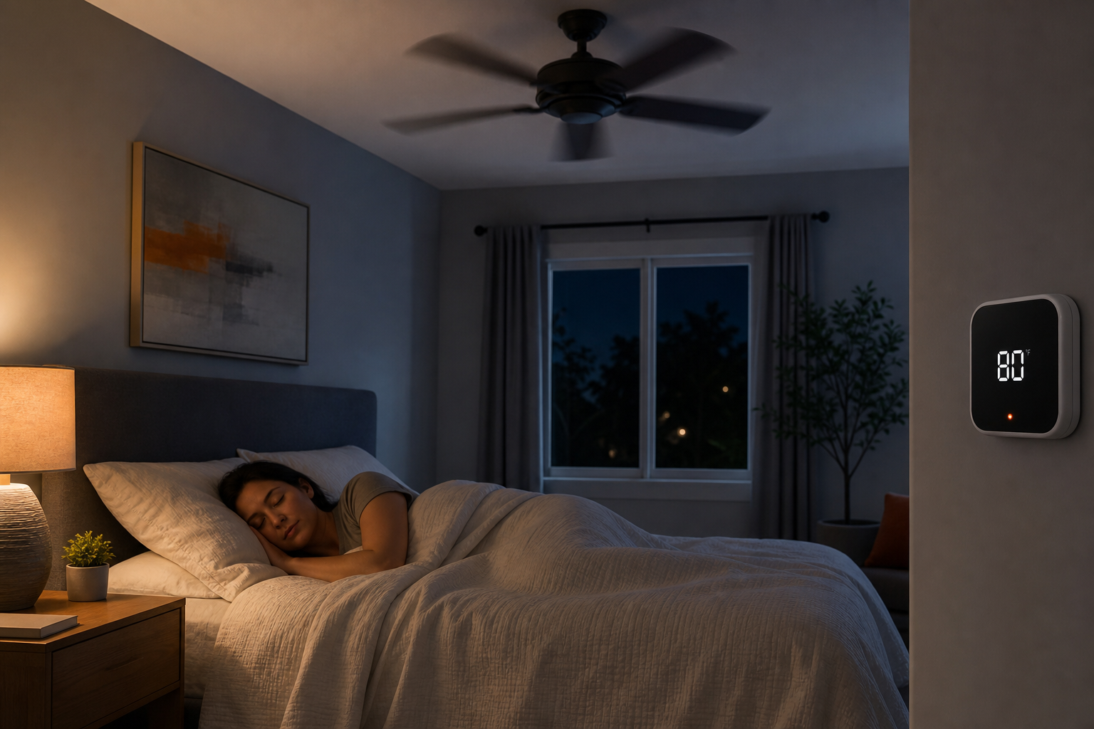 Bedroom at night with ceiling fan and thermostat set to 80 degrees for comfortable sleep.