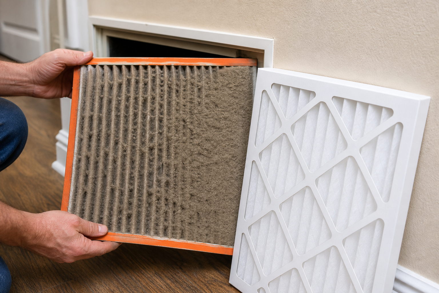 clogged furnace air filter next to a clean replacement filter.