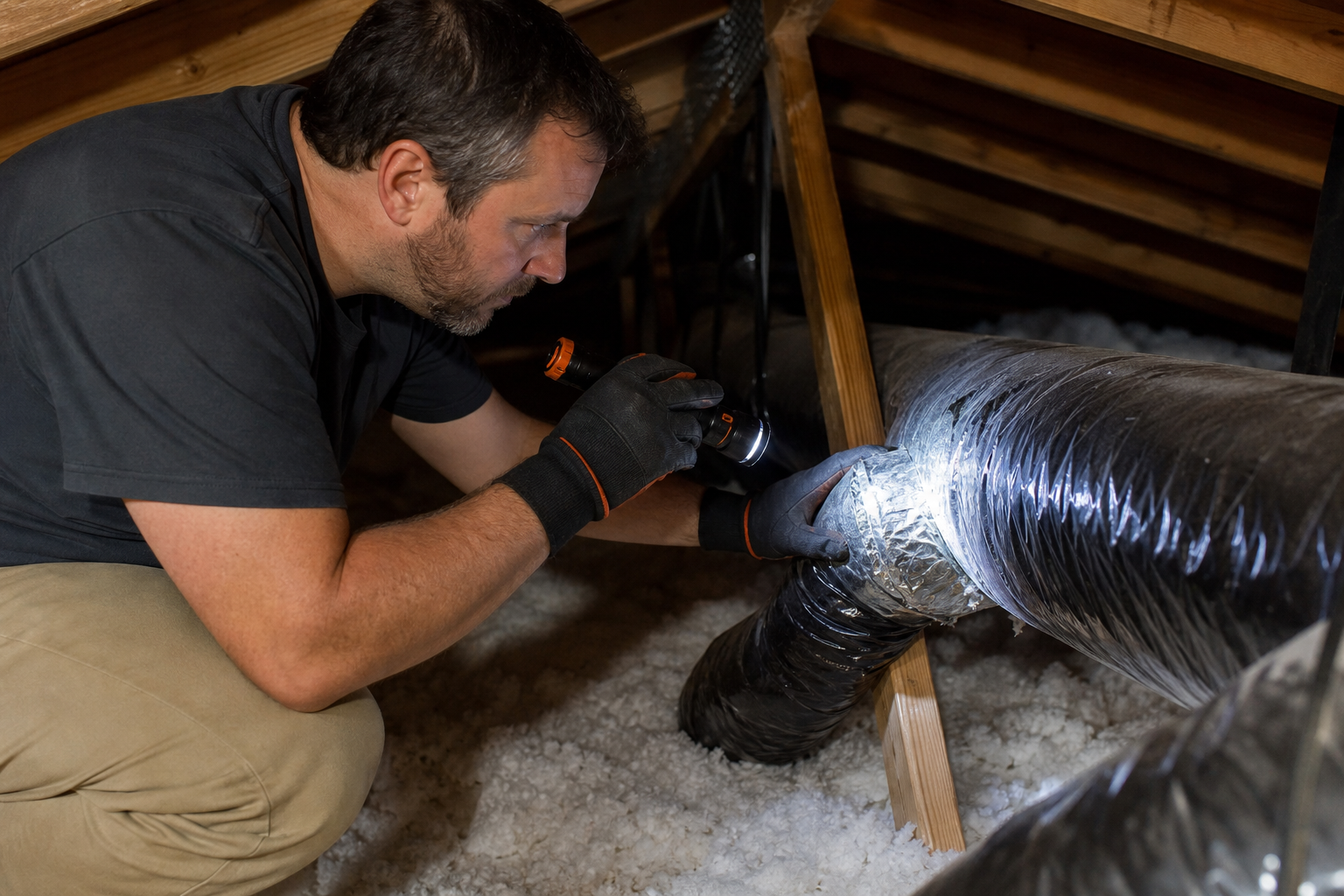 homeowner inspecting ductwork for leaks in attic.