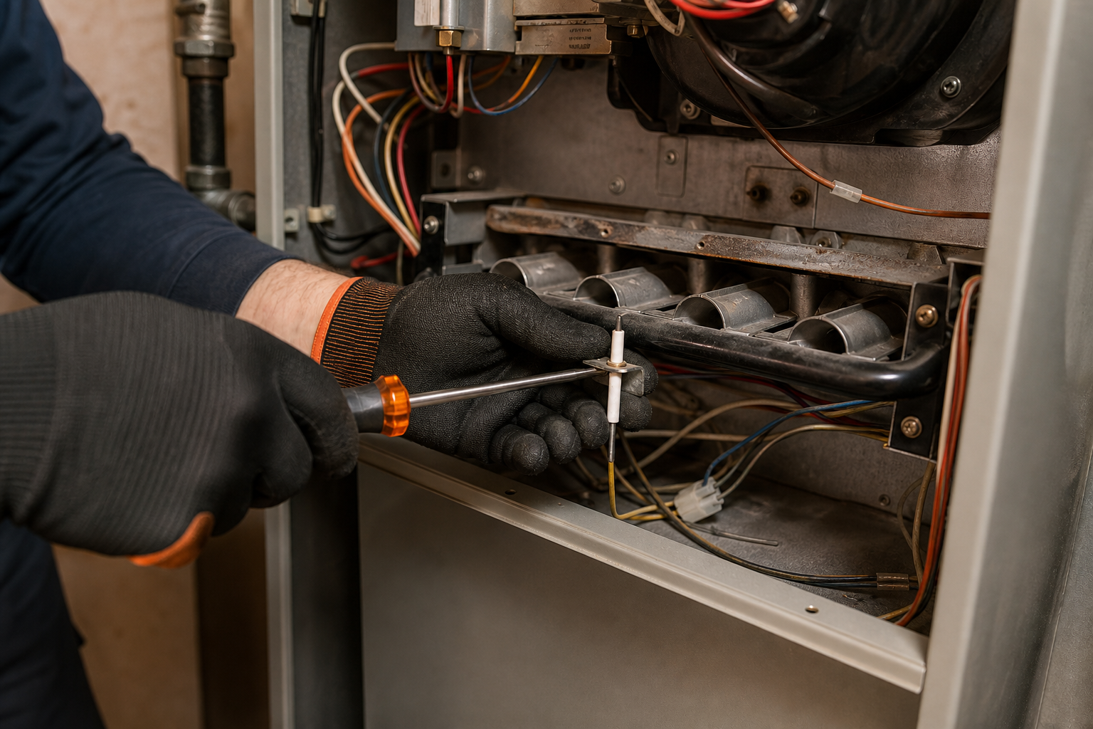 removing furnace flame sensor with screwdriver for cleaning.