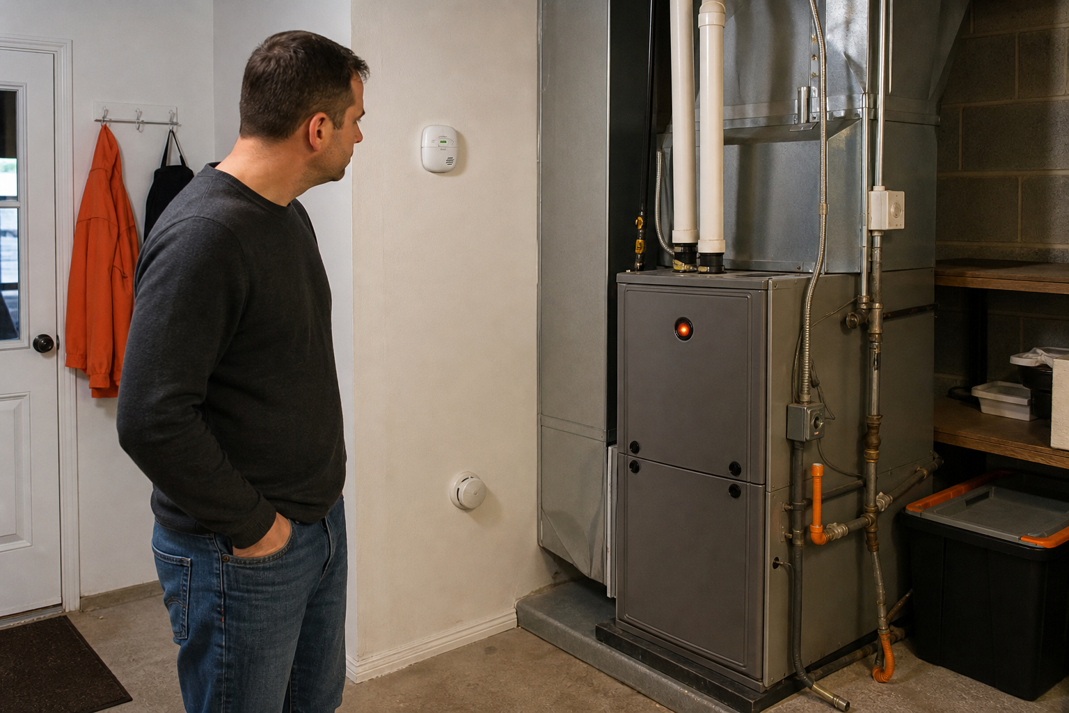 Safe gas furnace warning check with carbon monoxide detector.