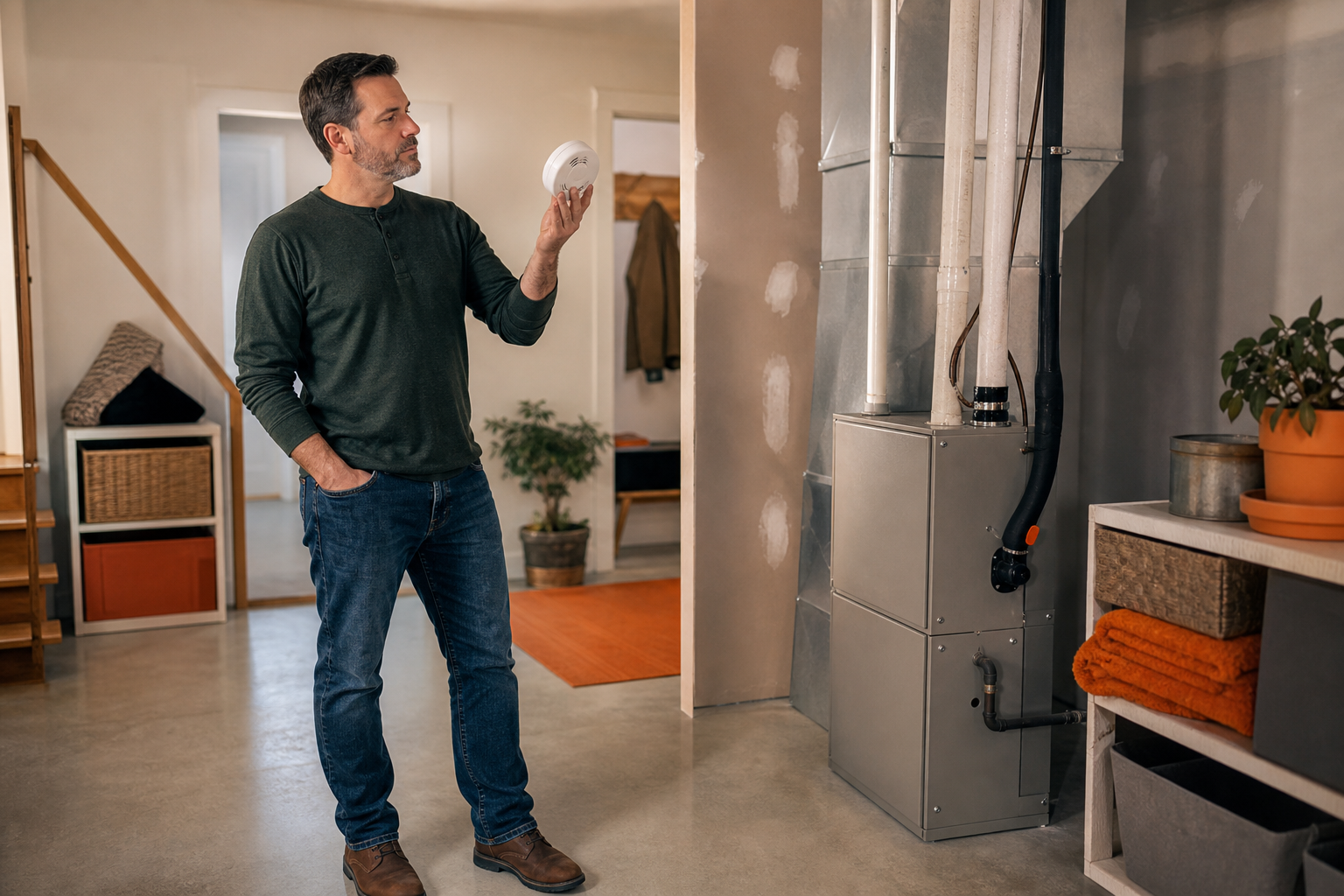 homeowner checking furnace safety and carbon monoxide detector
