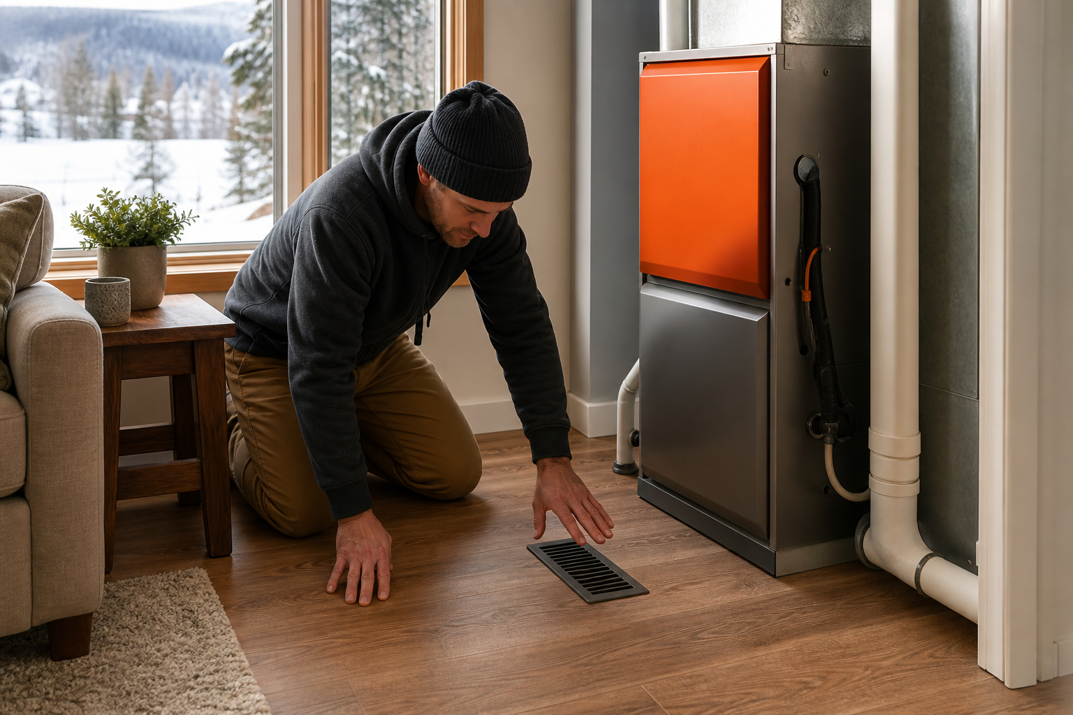 Homeowner checking a furnace blowing cold air at a floor vent.