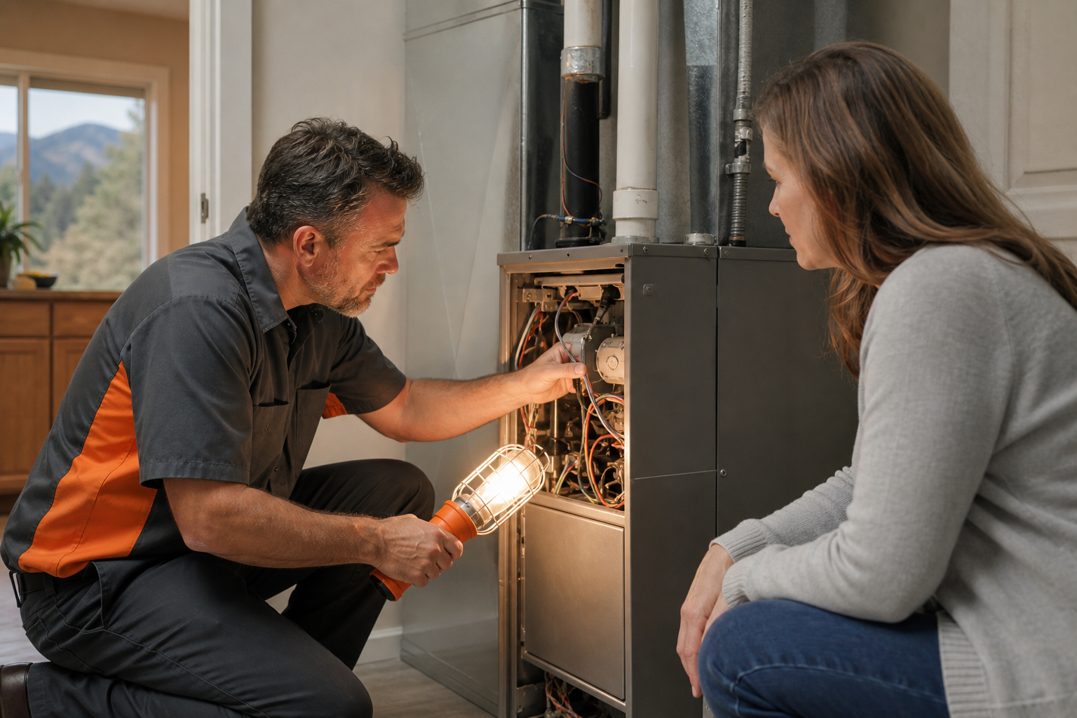 HVAC professional inspecting a furnace after it blows cold air.
