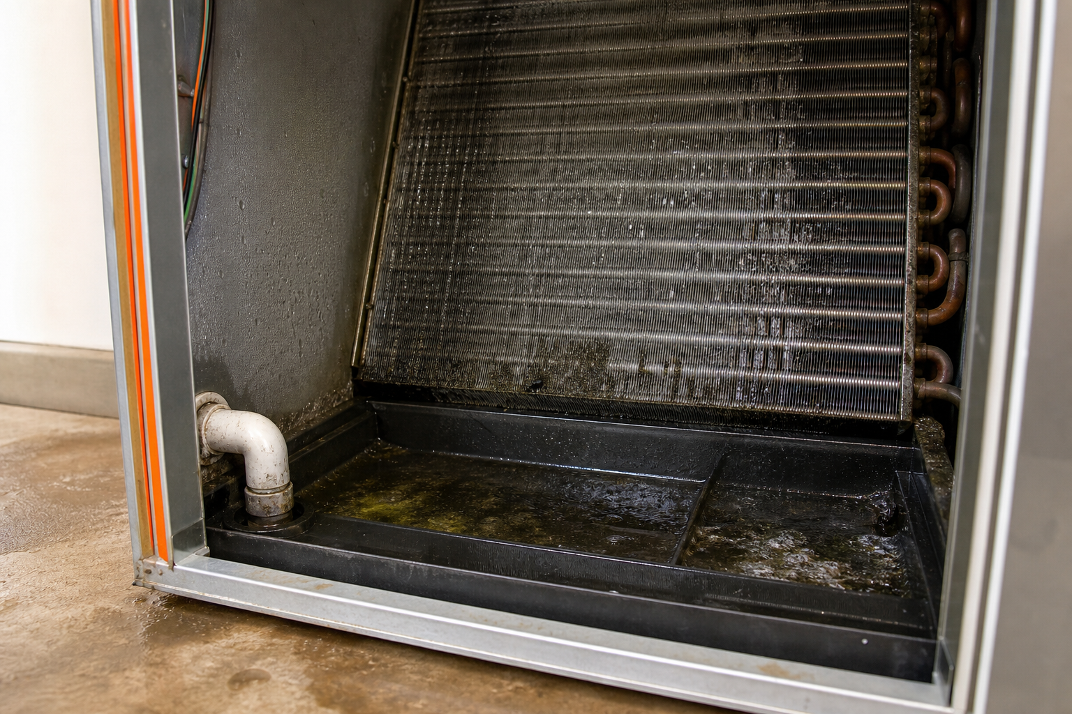 musty AC smell caused by moisture near evaporator coil and drain pan