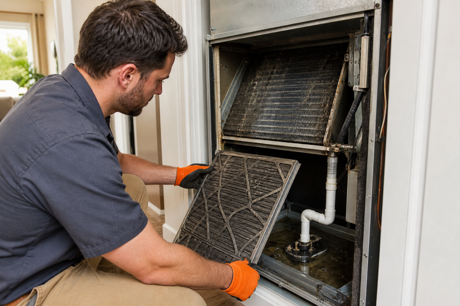 HVAC technician checking dirty AC filter evaporator coil and condensate drain