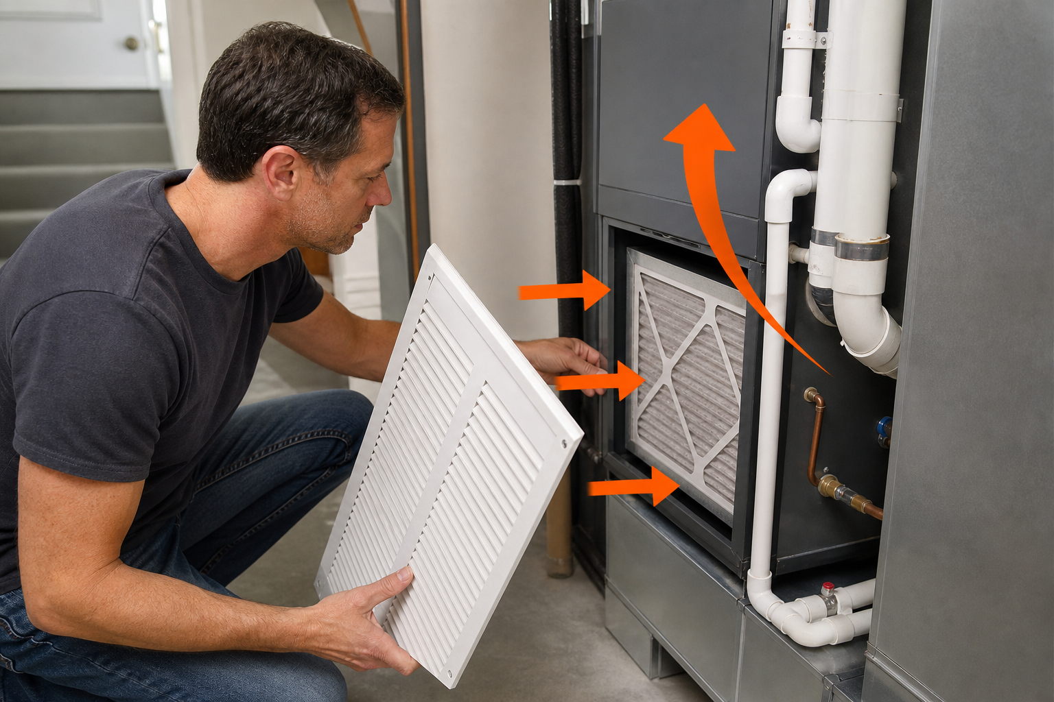 homeowner finding the furnace filter and checking airflow direction