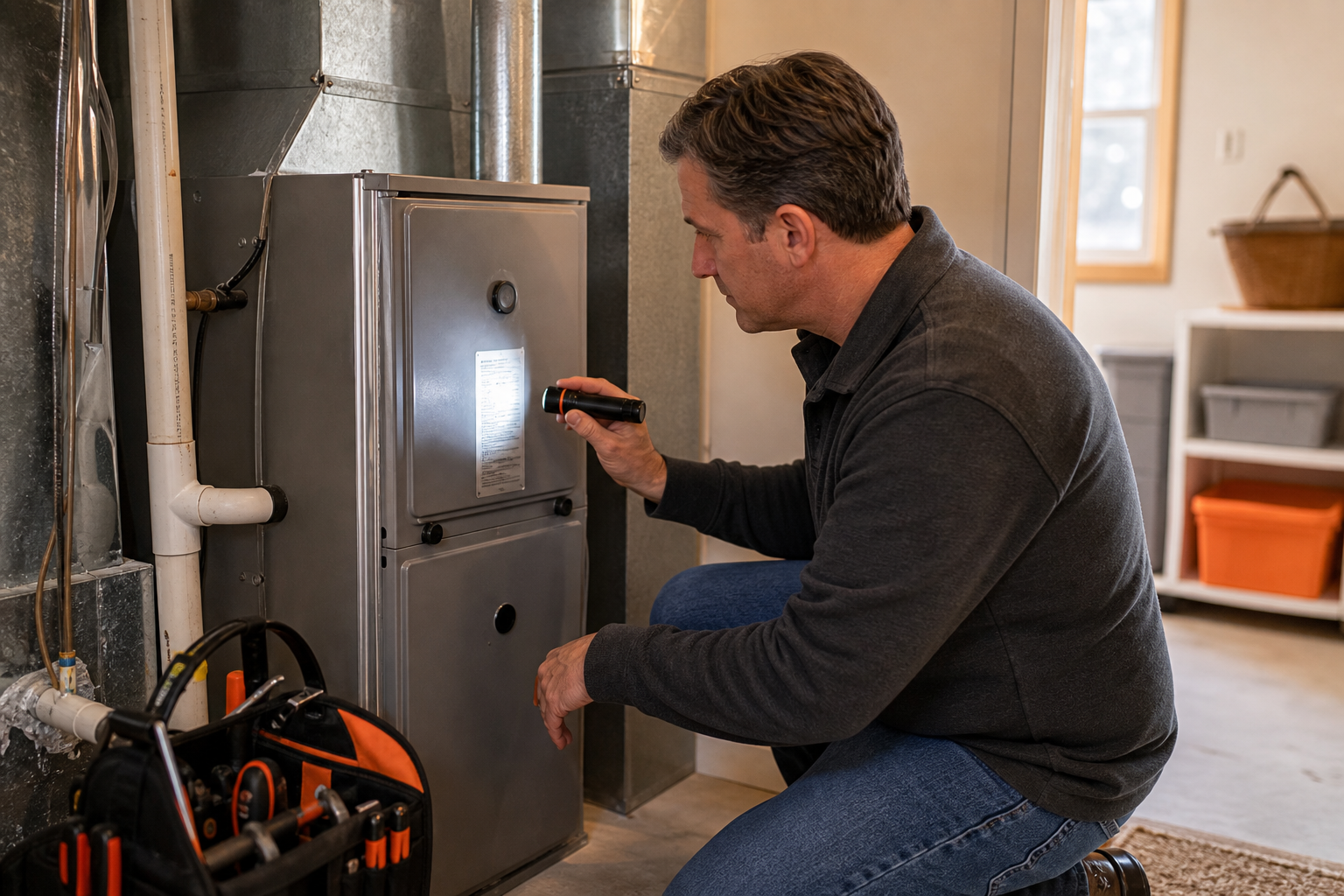 Homeowner checking furnace age and model information