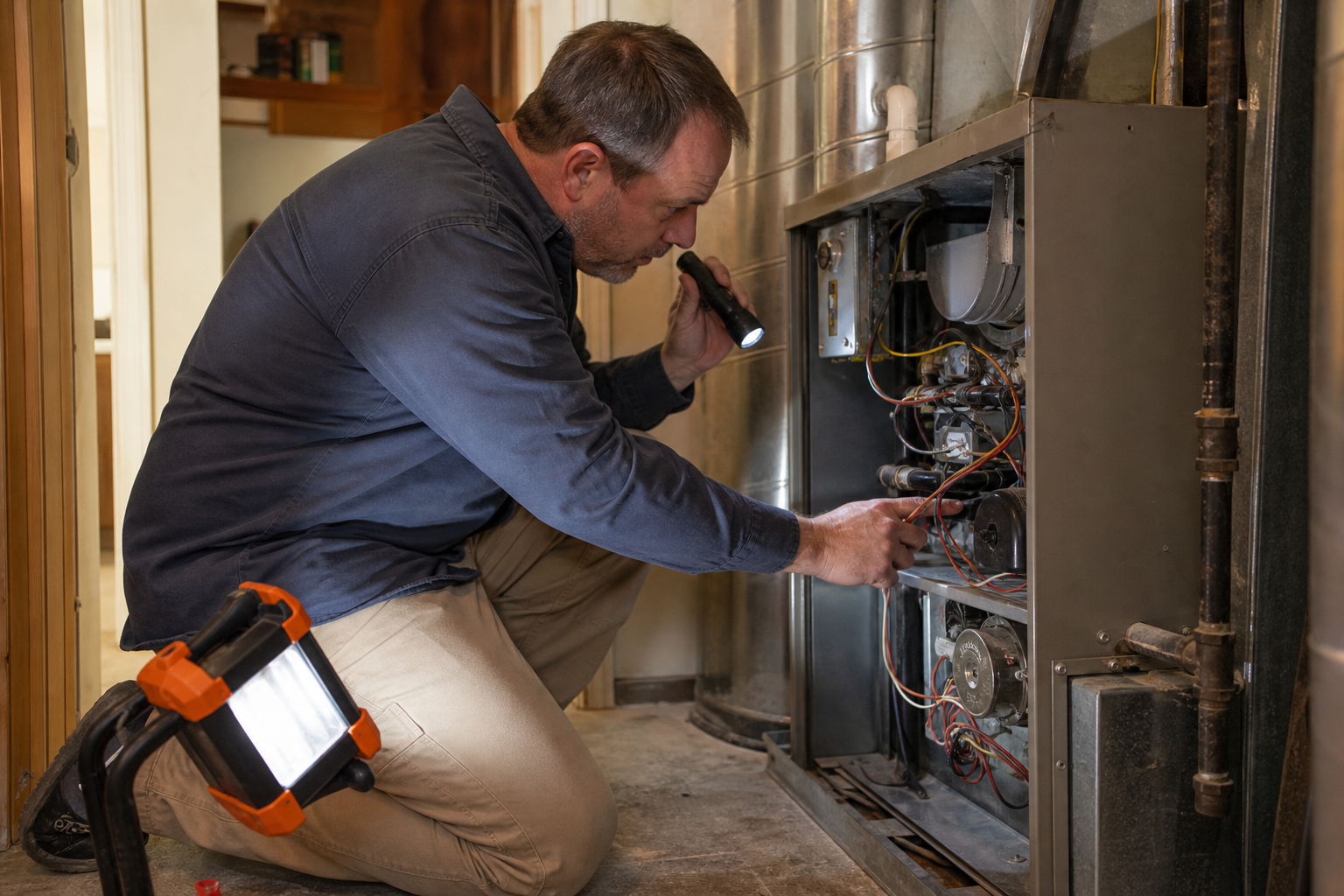 Technician inspecting an aging furnace for replacement warning signs