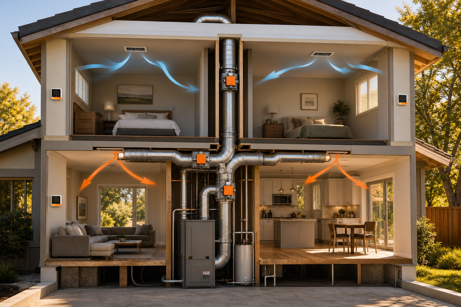 HVAC zoning system with motorized dampers and separate home temperature zones