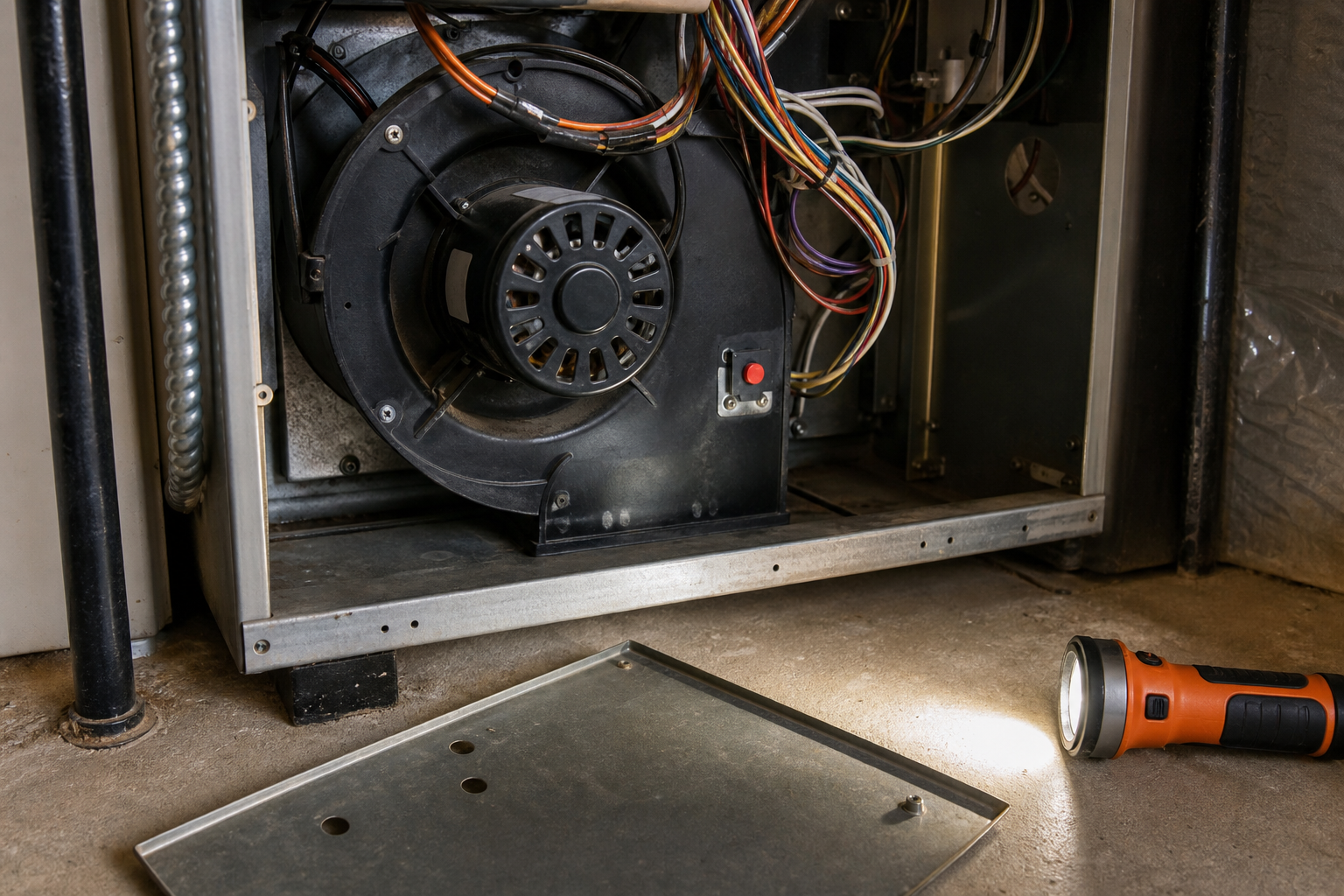 furnace reset button near blower motor inside access panel
