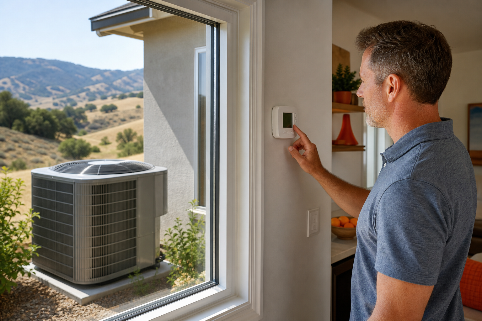 homeowner checking an AC thermostat during a short cycling problem