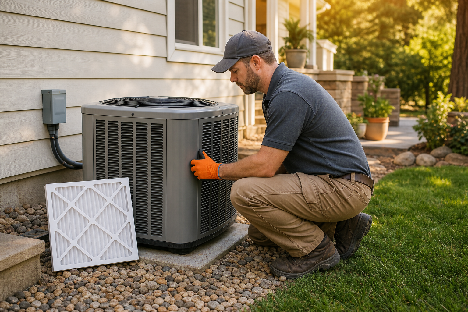 safe AC filter and outdoor condenser inspection by an HVAC technician