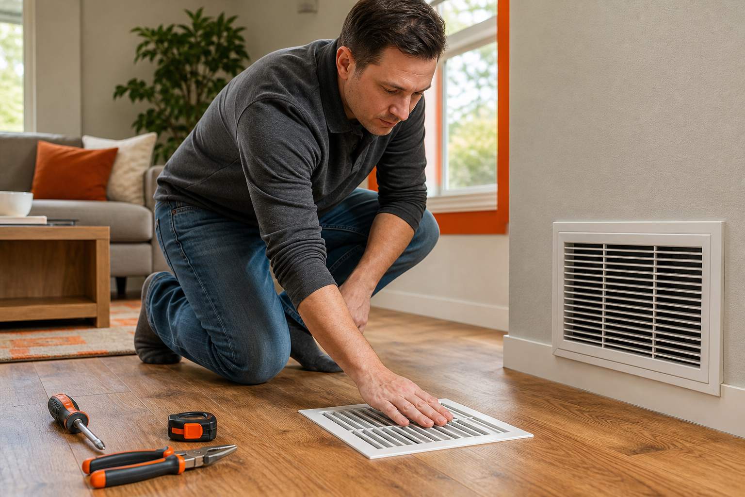 checking airflow after cleaning air ducts at home.