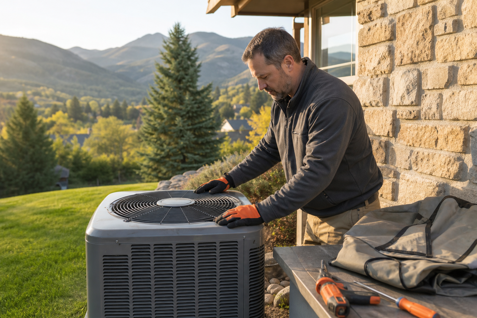 removing an AC winter cover and restarting an outdoor condenser safely