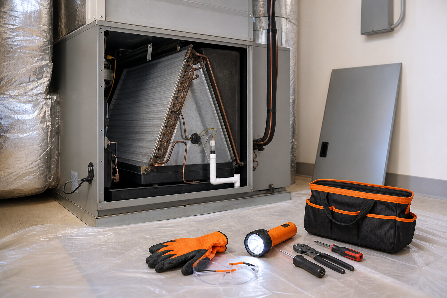 Safe evaporator coil cleaning setup with power turned off
