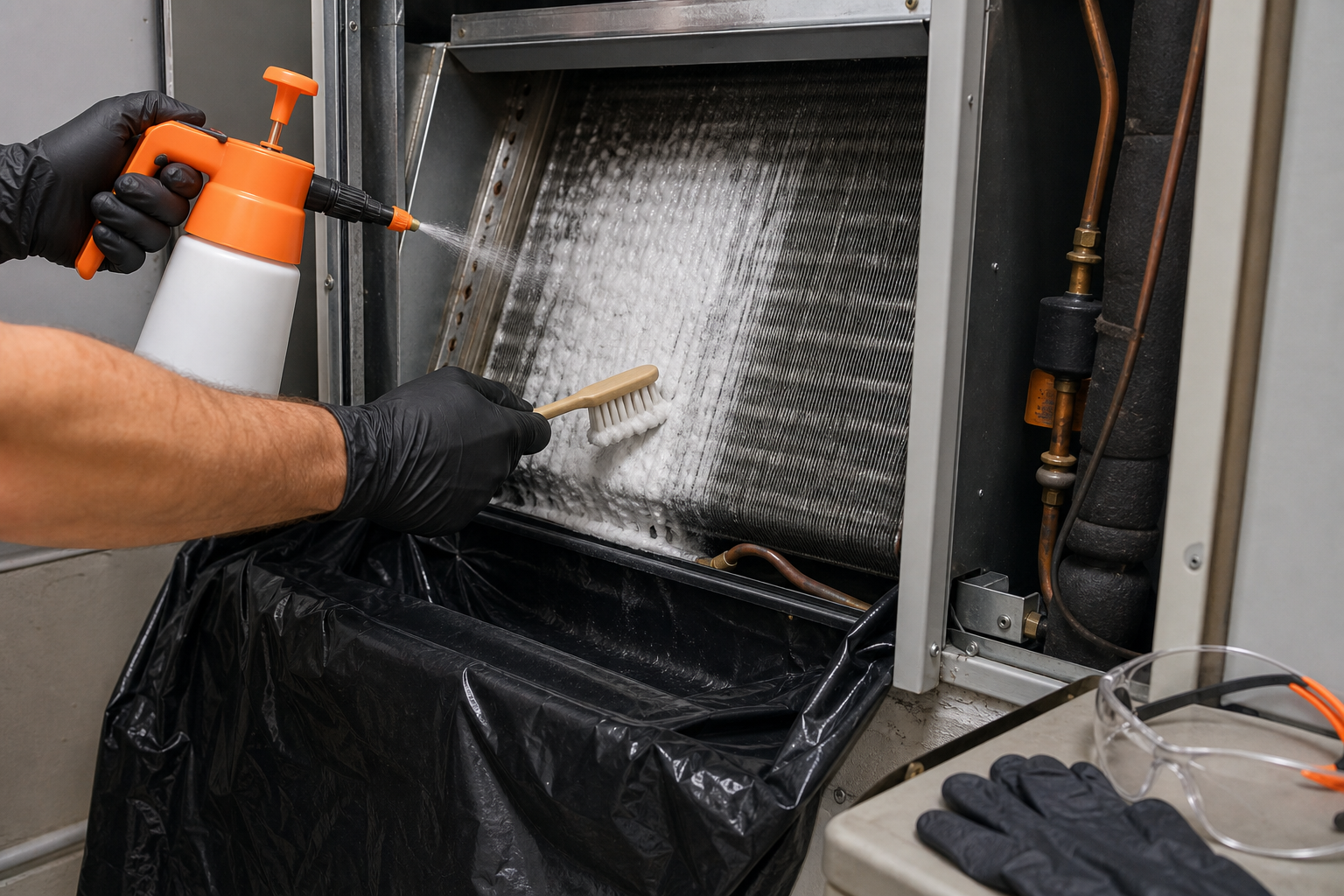 Applying evaporator coil cleaner safely inside an HVAC air handler